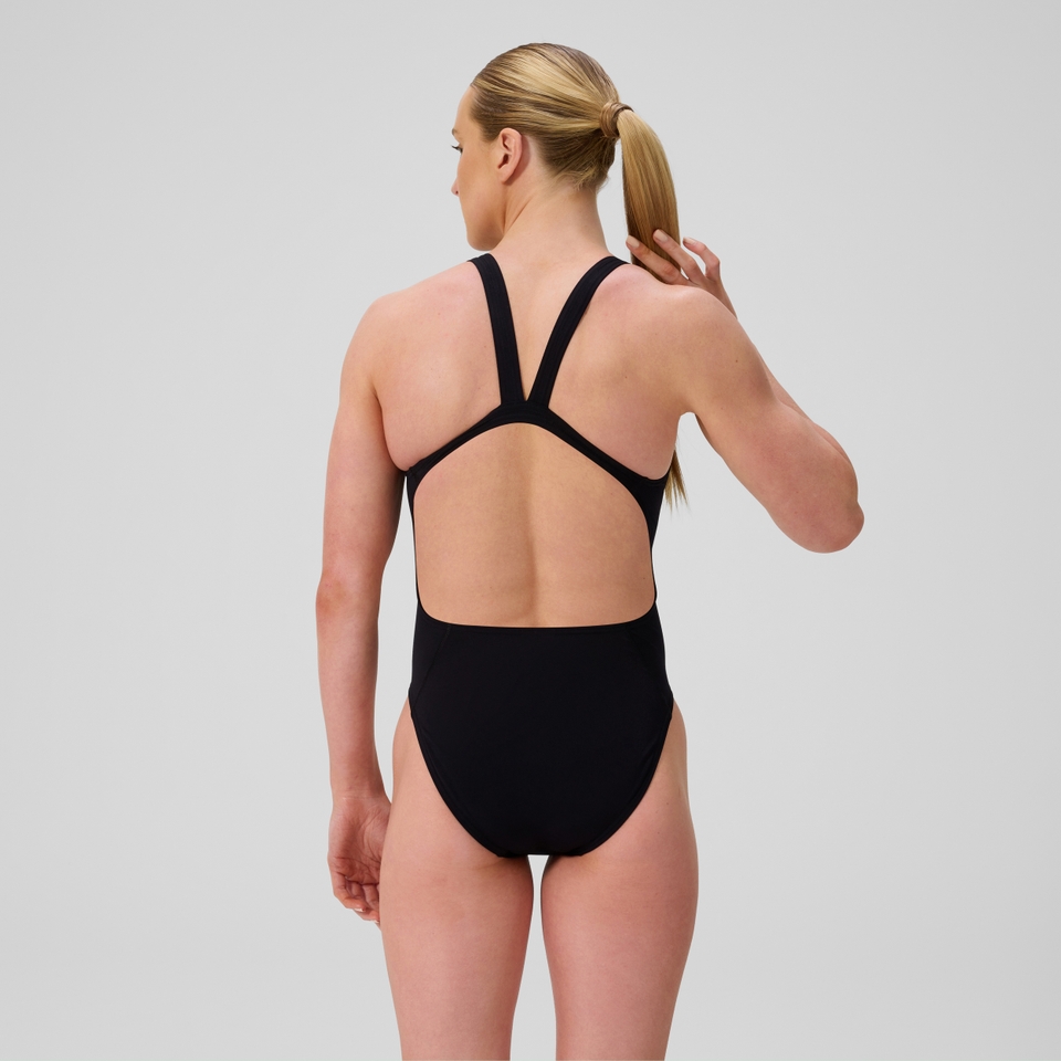 Damen Solid Leaderback Badeanzug Schwarz