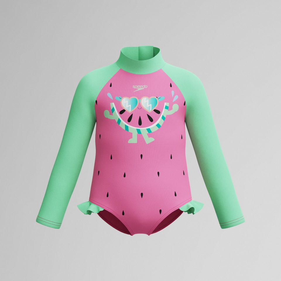 Infant Girls Learn to Swim Long Sleeve Frill Swimsuit Pink/Green