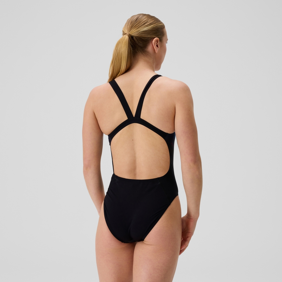 Damen Club Training Leaderback Badeanzug mit Print Schwarz/Pink