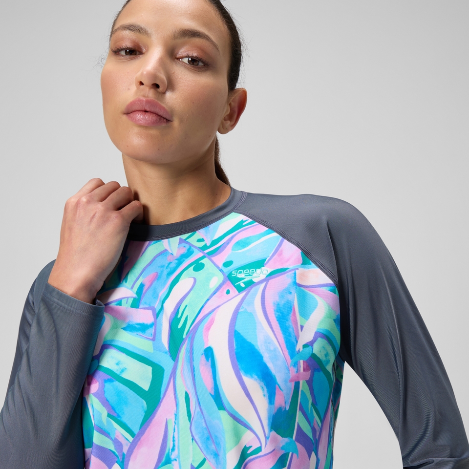 Damen Langarm-Badeshirt mit Print Grau/Grün