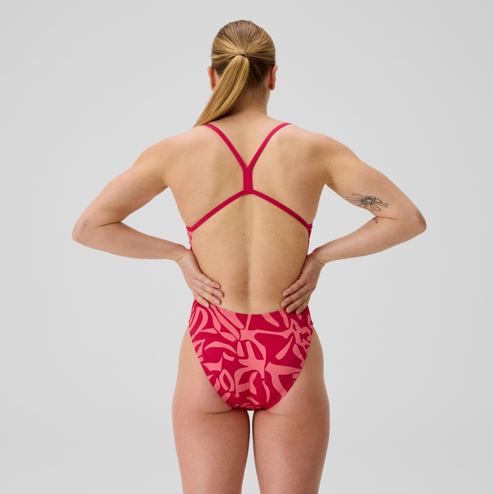 Damen Club Training Badeanzug mit V-Rücken 2.0 mit Print Pink/Orange