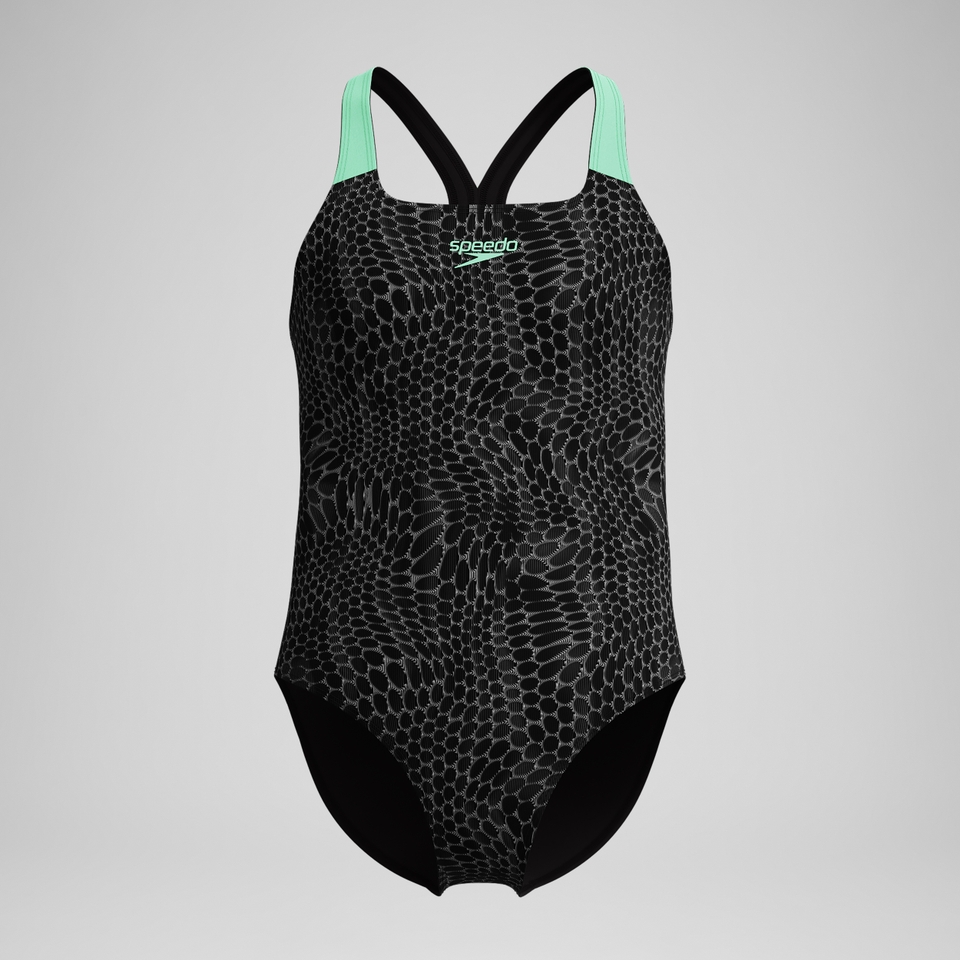 Girls Allover Powerback Swimsuit Black/Green