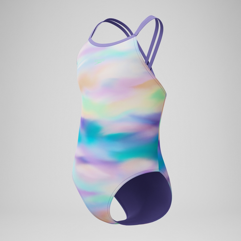 Girls Printed Twinstrap Swimsuit Purple/Green/Orange