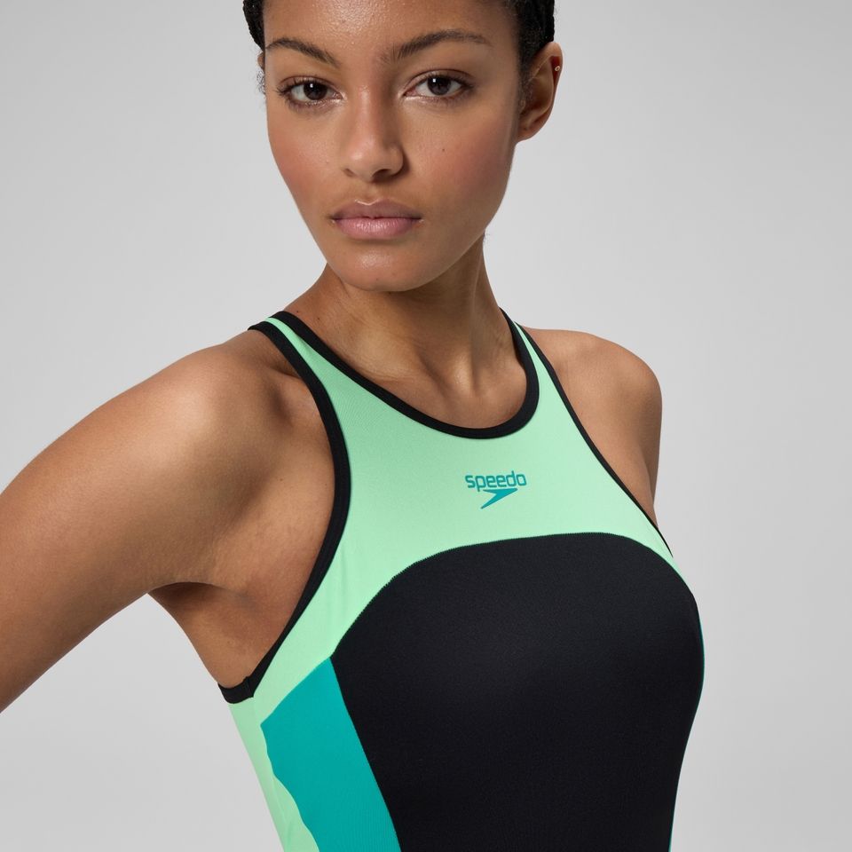 Women's High Neck Splice Cross Back Swimsuit Black/Turquoise