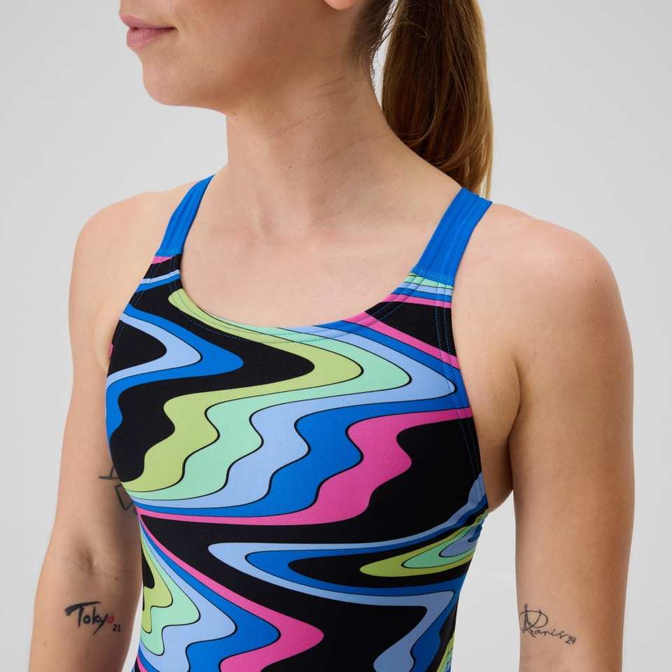 Maillot de bain Femme Club Training Leaderback imprimé noir/bleu
