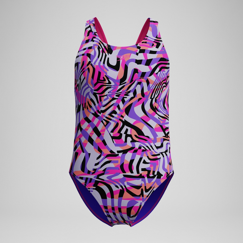 Mädchen Leaderback Badeanzug mit Allover-Print Pink/Schwarz
