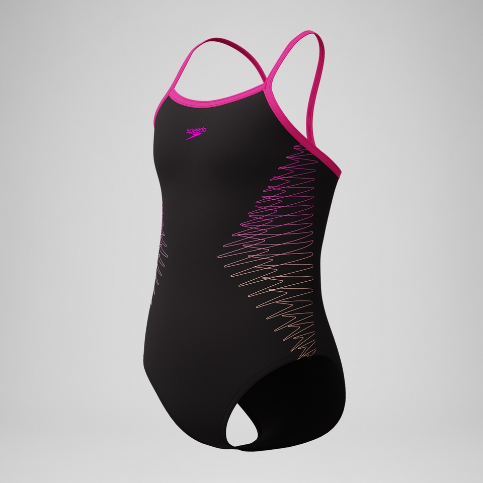 Girls Plastisol Placement Thinstrap Swimsuit Black/Pink
