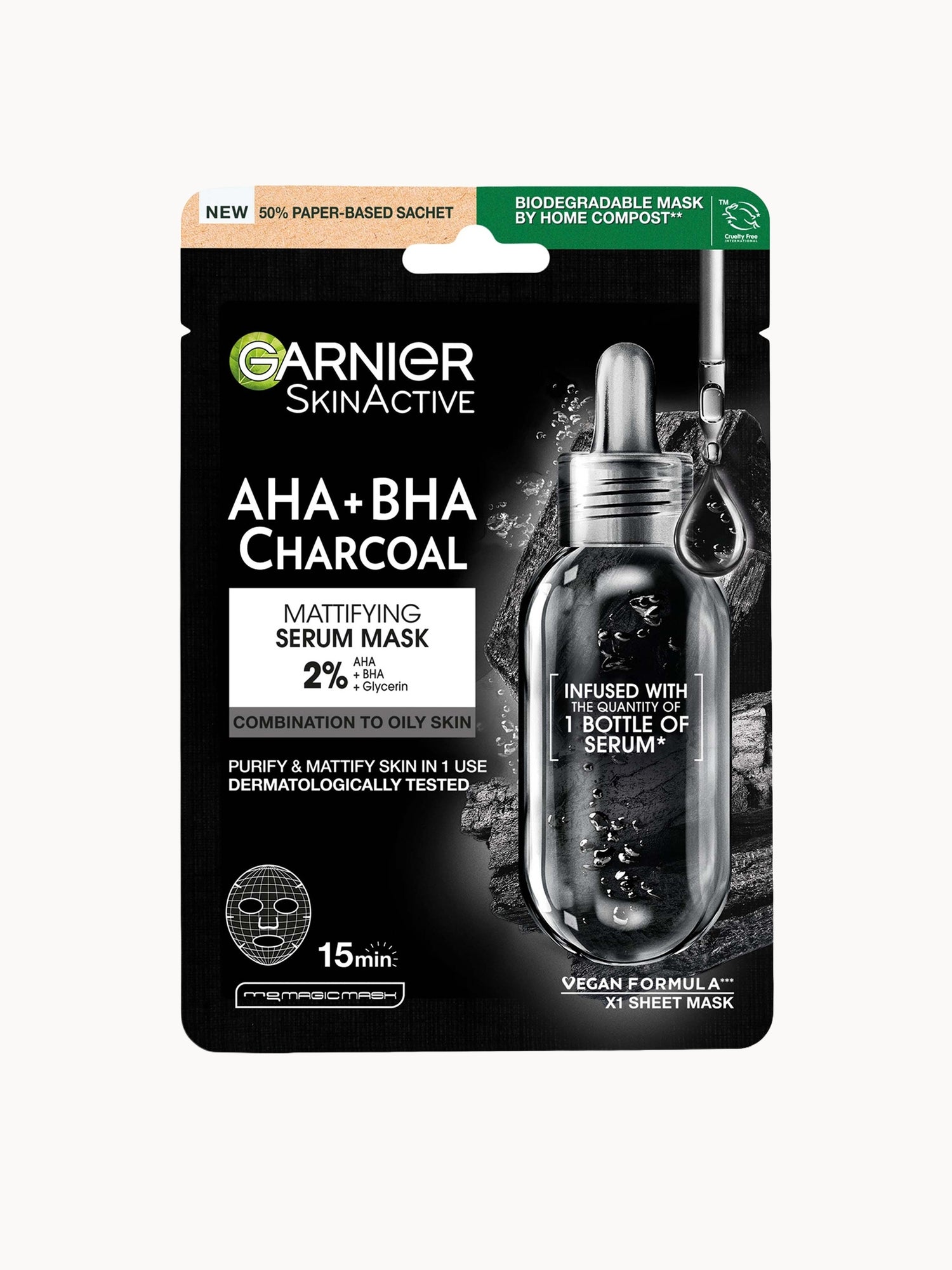 Garnier AHA + BHA Charcoal Mattifying Serum Sheet Mask 28g