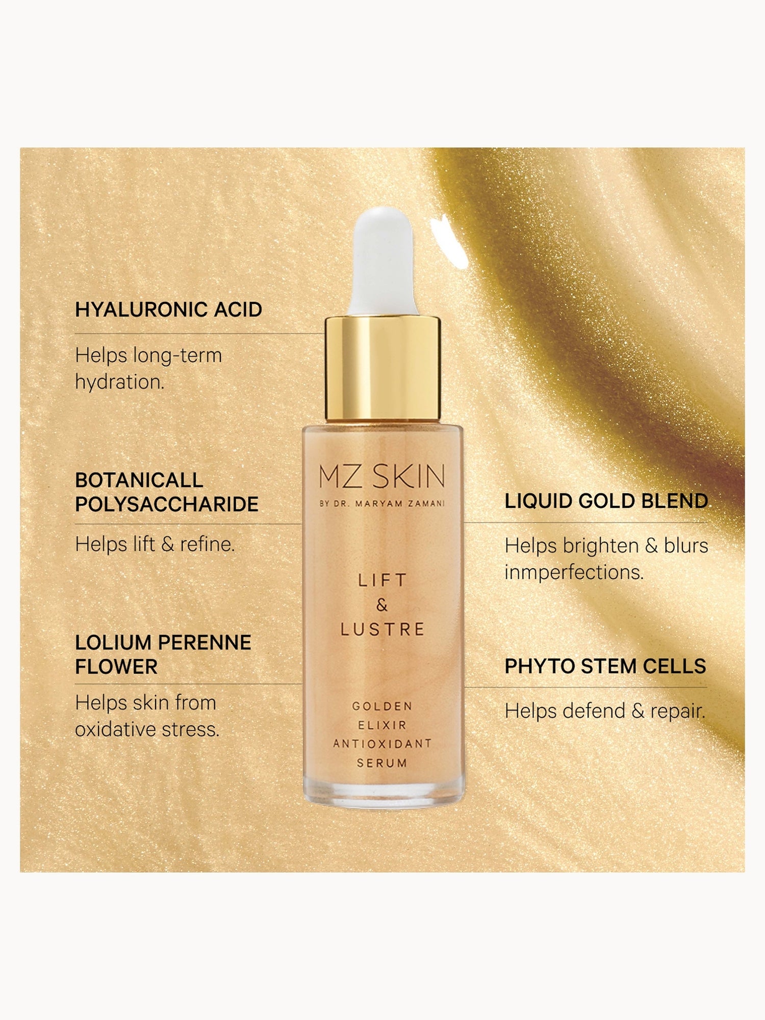 MZ Skin Lift & Lustre Golden Elixir Antioxidant Serum | LOOKFANTASTIC