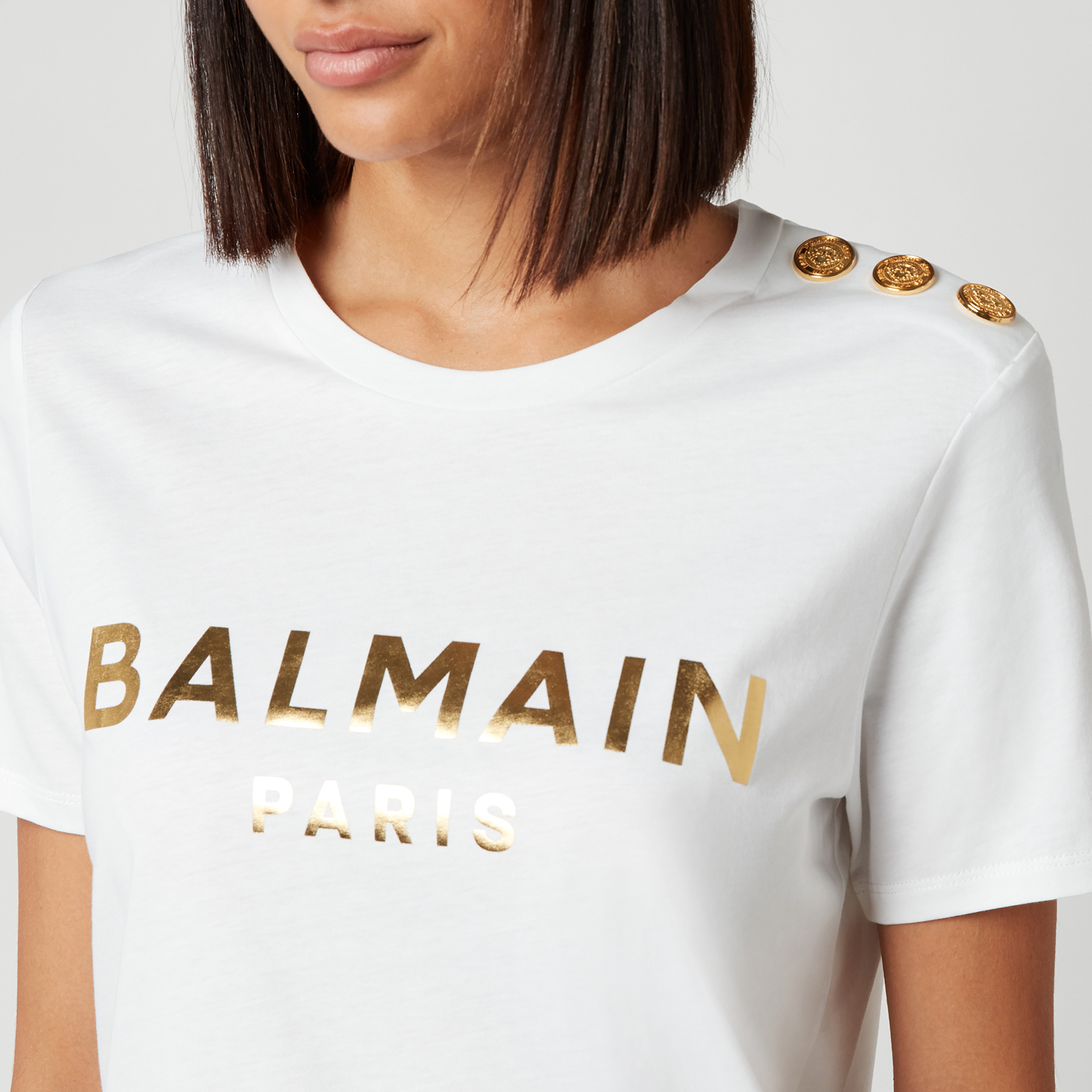 Balmain Women's Short Sleeve 3 Button Metallic Logo T-Shirt