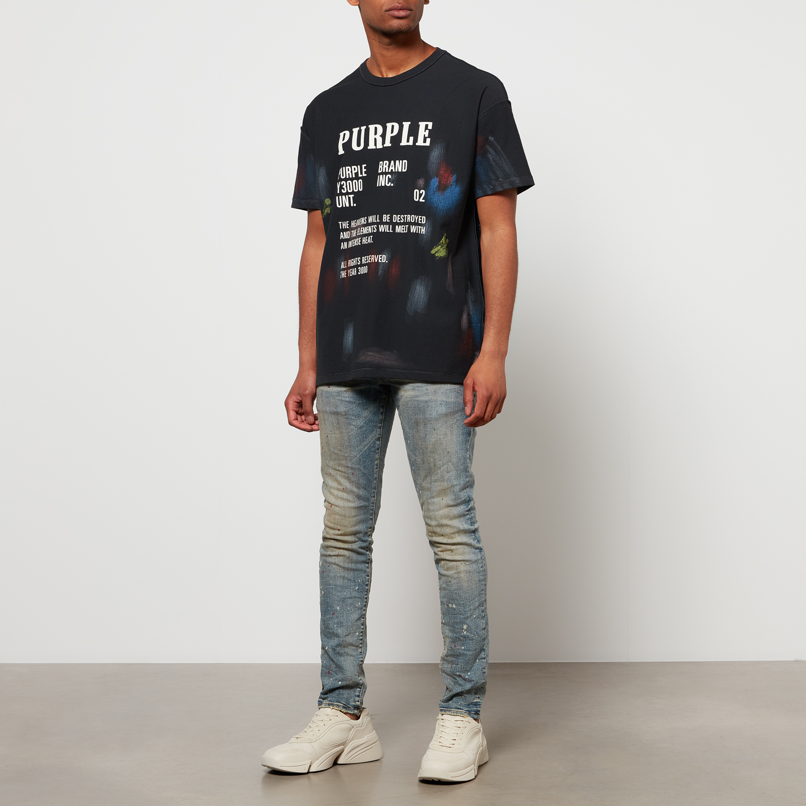 Purple Brand P002 Paint-Splattered Faded Stretch-Denim Skinny