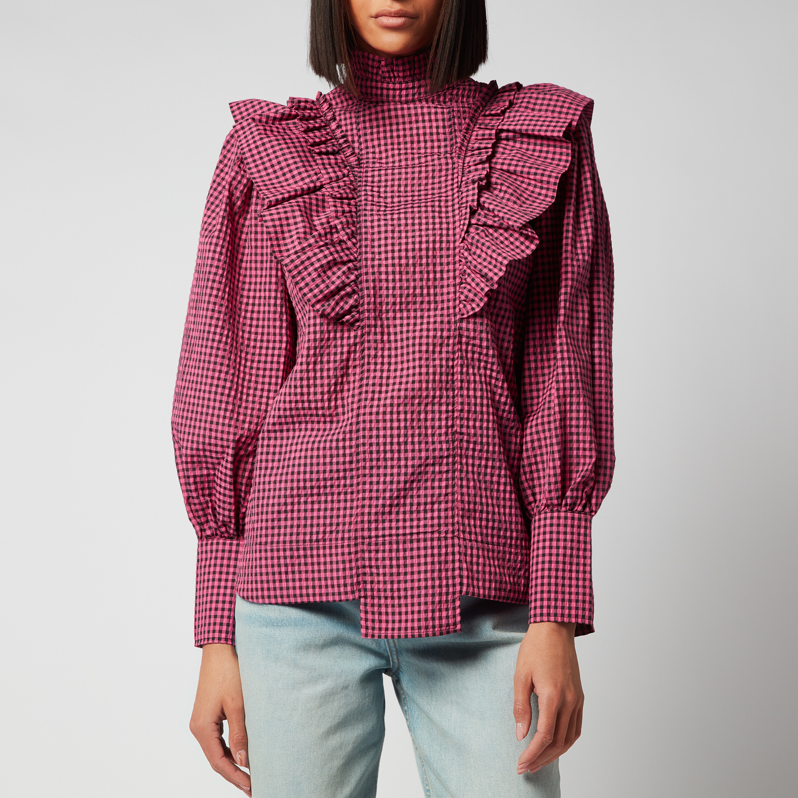 Ganni Women's Seersucker Check Blouse - Carmine Rose | Coggles