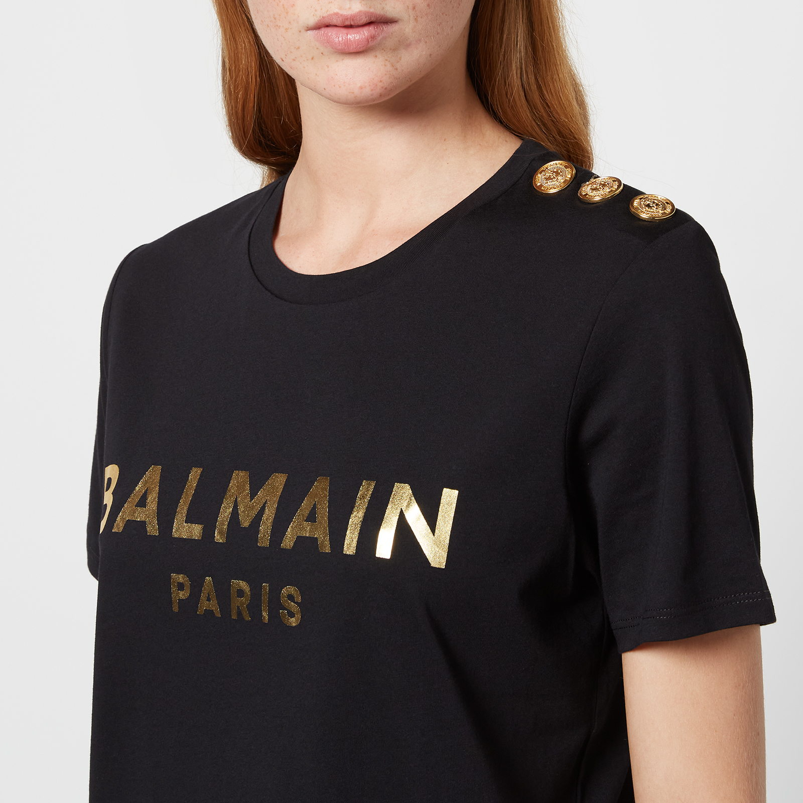 Balmain Women s 3 Buttoned Metallic Balmain T Shirt Black Gold XS Coggles