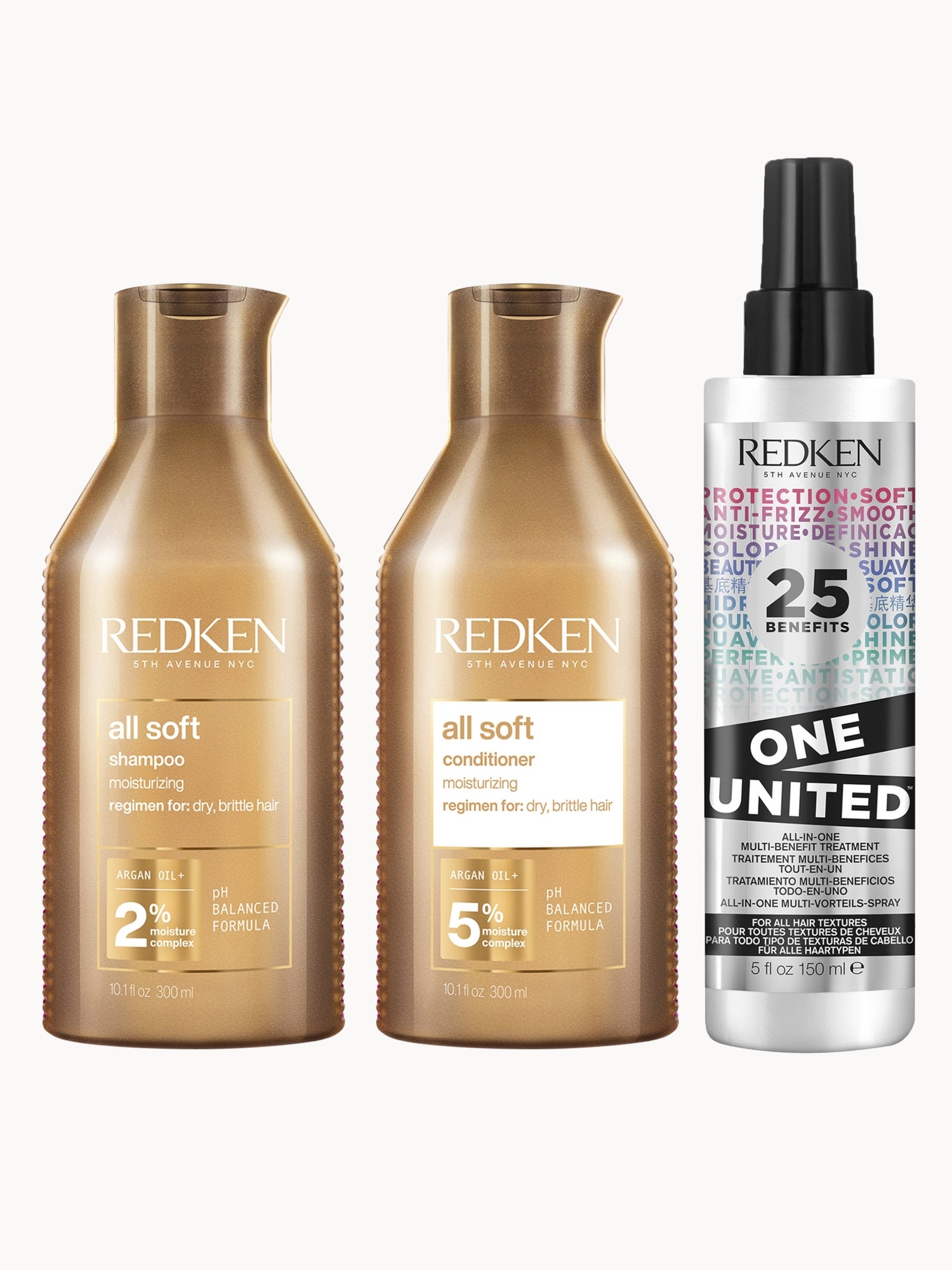 Redken All Soft Shampoo, Conditioner and One United Multi-Benefit Treatment Spray Hydrating Bundle for Dry Hair