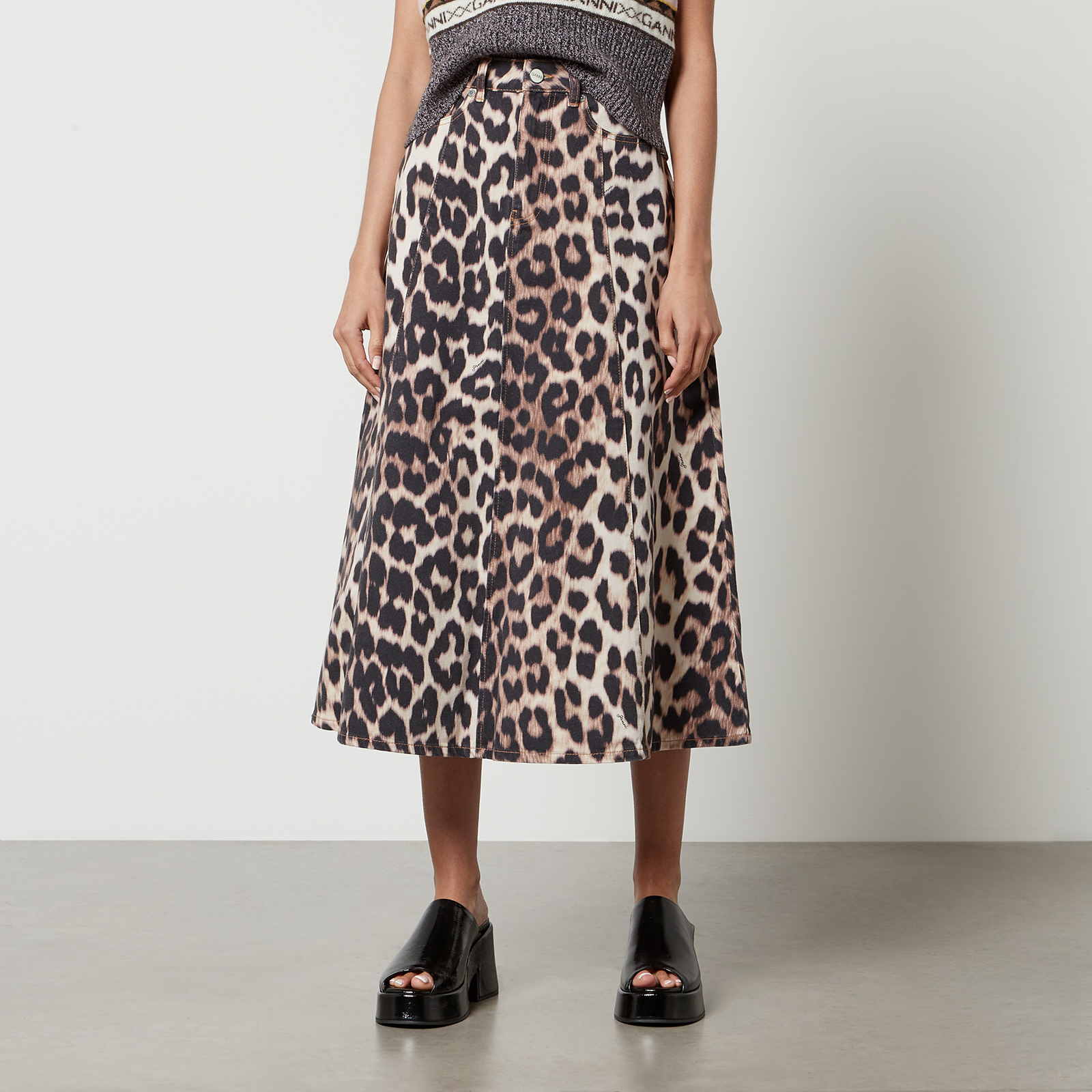 Ganni Leopard-Print Organic Denim Midi Skirt | Coggles