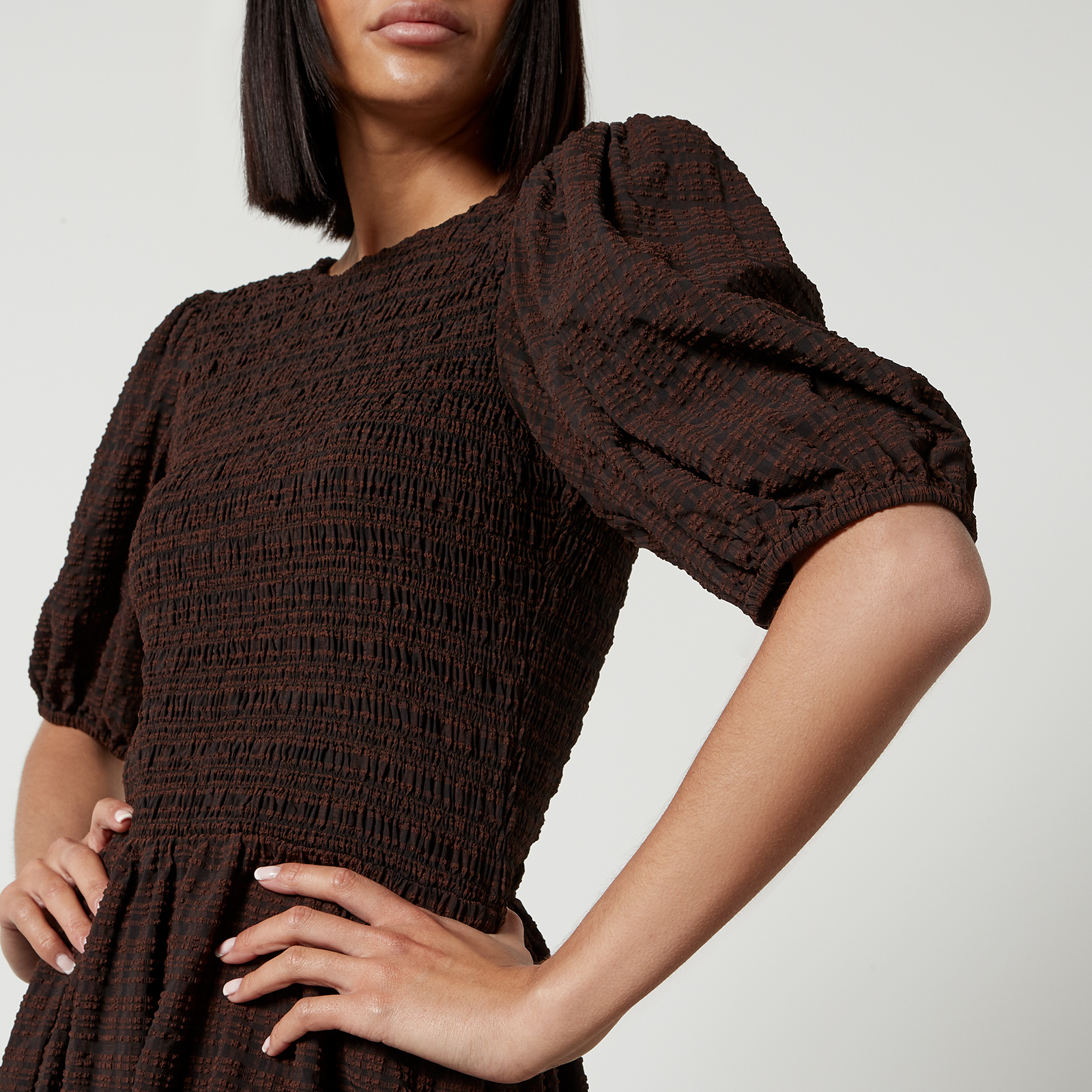ワンピースその他 Ganni Stretch Seersucker Smoke Mini Dress Chicory Coffee F76 MUSINSA | GANNI Stretch Siercer Smoke Mini Dress - Chicory