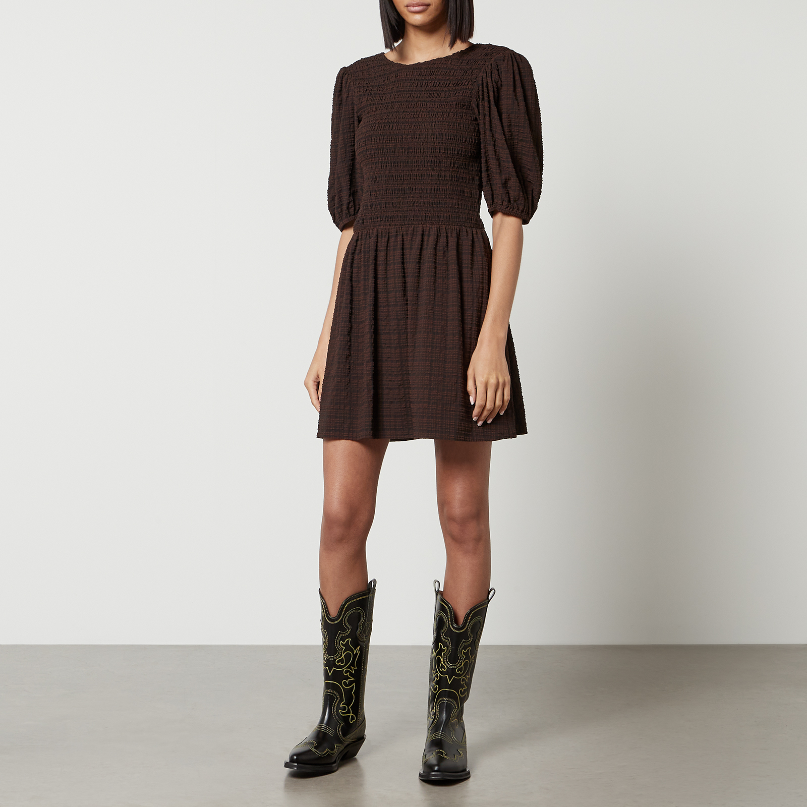 GANNI☆Check Pattern Seersucker Mini ワンピース【UK発】 Ganni Women's Seersucker Check Mini Dress - Black - EU 34/UK