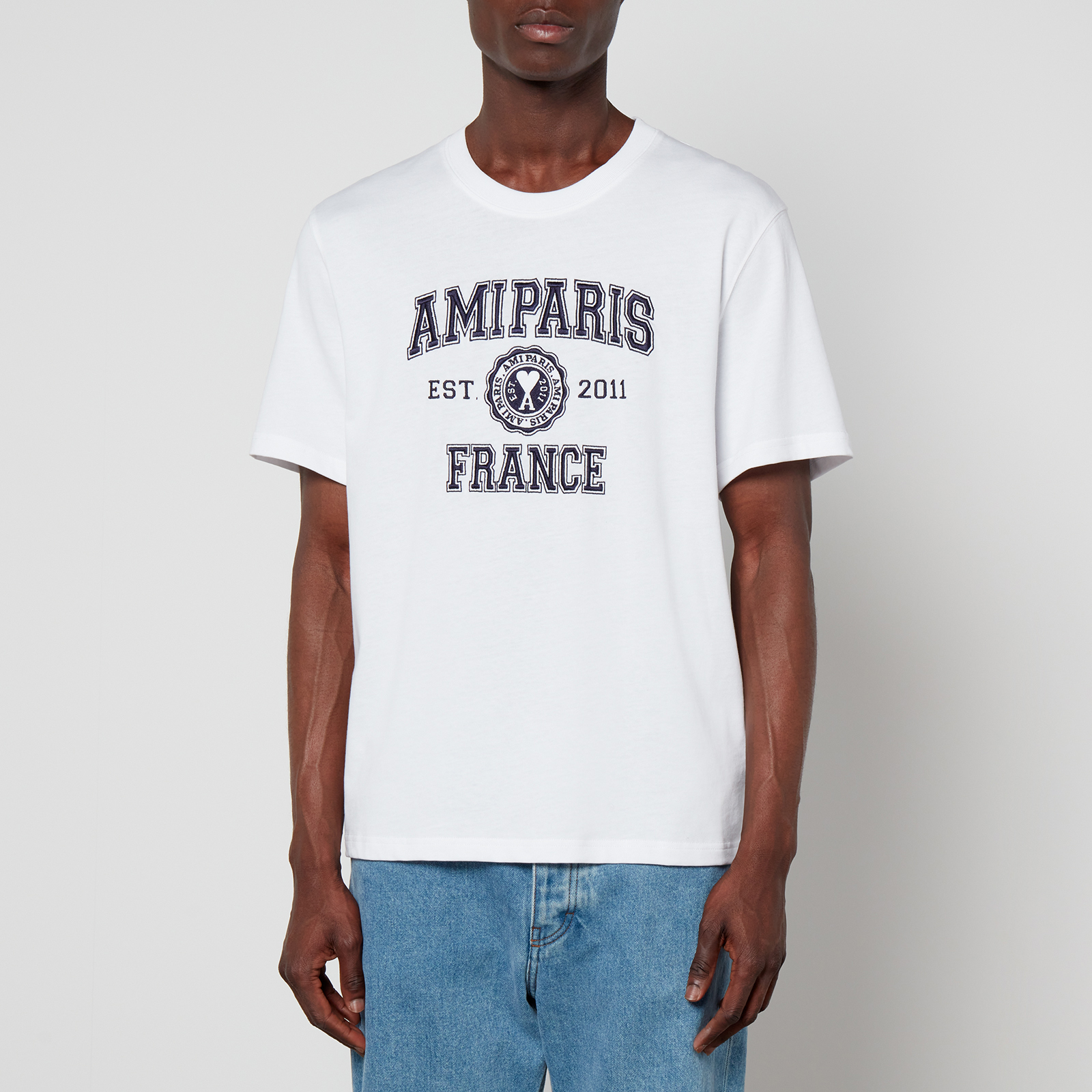 AMI Paris France Embroidered Cotton-Jersey T-Shirt | Coggles