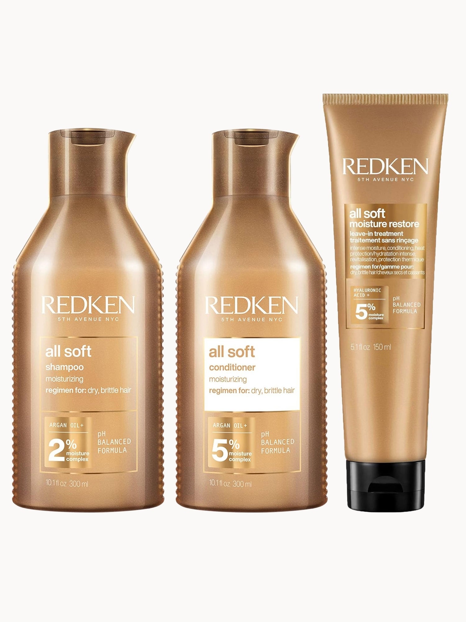 Redken All Soft Shampoo, Conditioner and Moisture Restore Leave-In Treatment, Hydrating Bundle, Softness & Shine, for Dry Hair