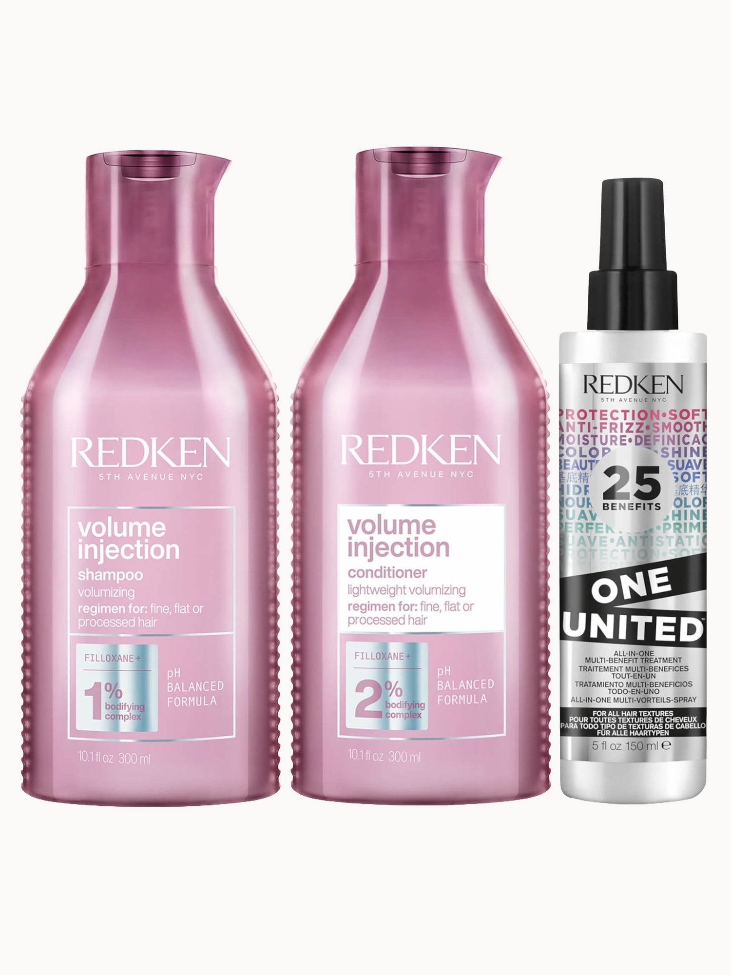 Redken Volume Injection Shampoo, Conditioner and One United Treatment Spray Routine for Fine/Flat Hair