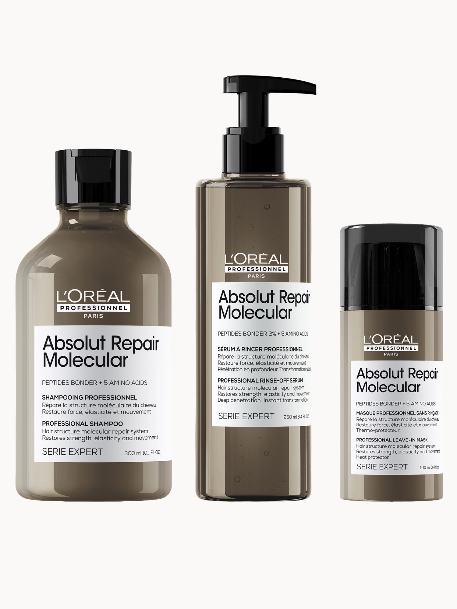 L'Oréal Professionnel Absolut Repair Molecular Shampoo 300ml, Rinse Off Serum Conditioner Treatment 250ml & Leave in Mask 100ml