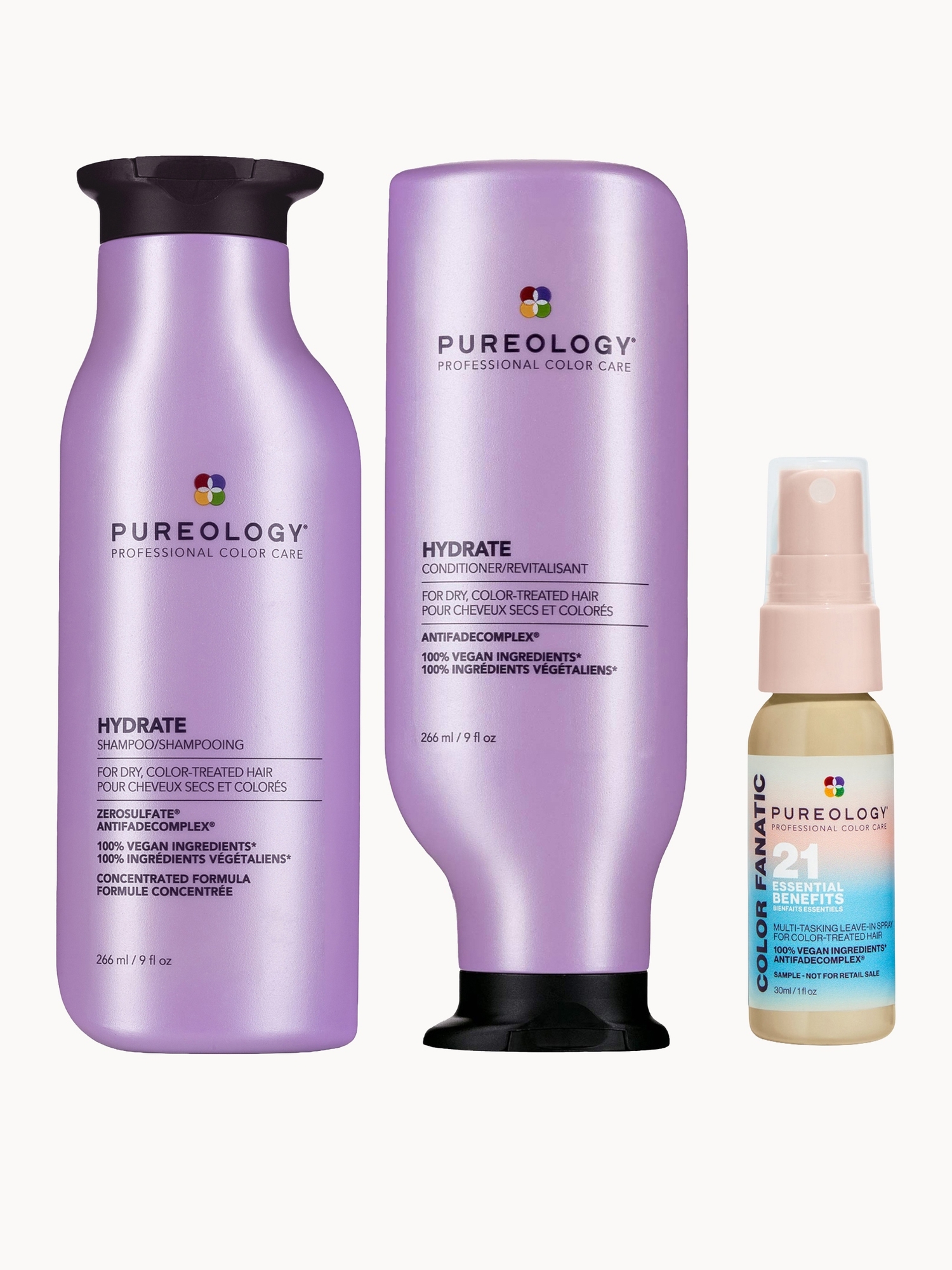 Pureology: Pureology Hydrate Shampoo 266ml, Conditioner 266ml and Color Fanatic Spray Travel Size 30ml For Dry Hair Bundle