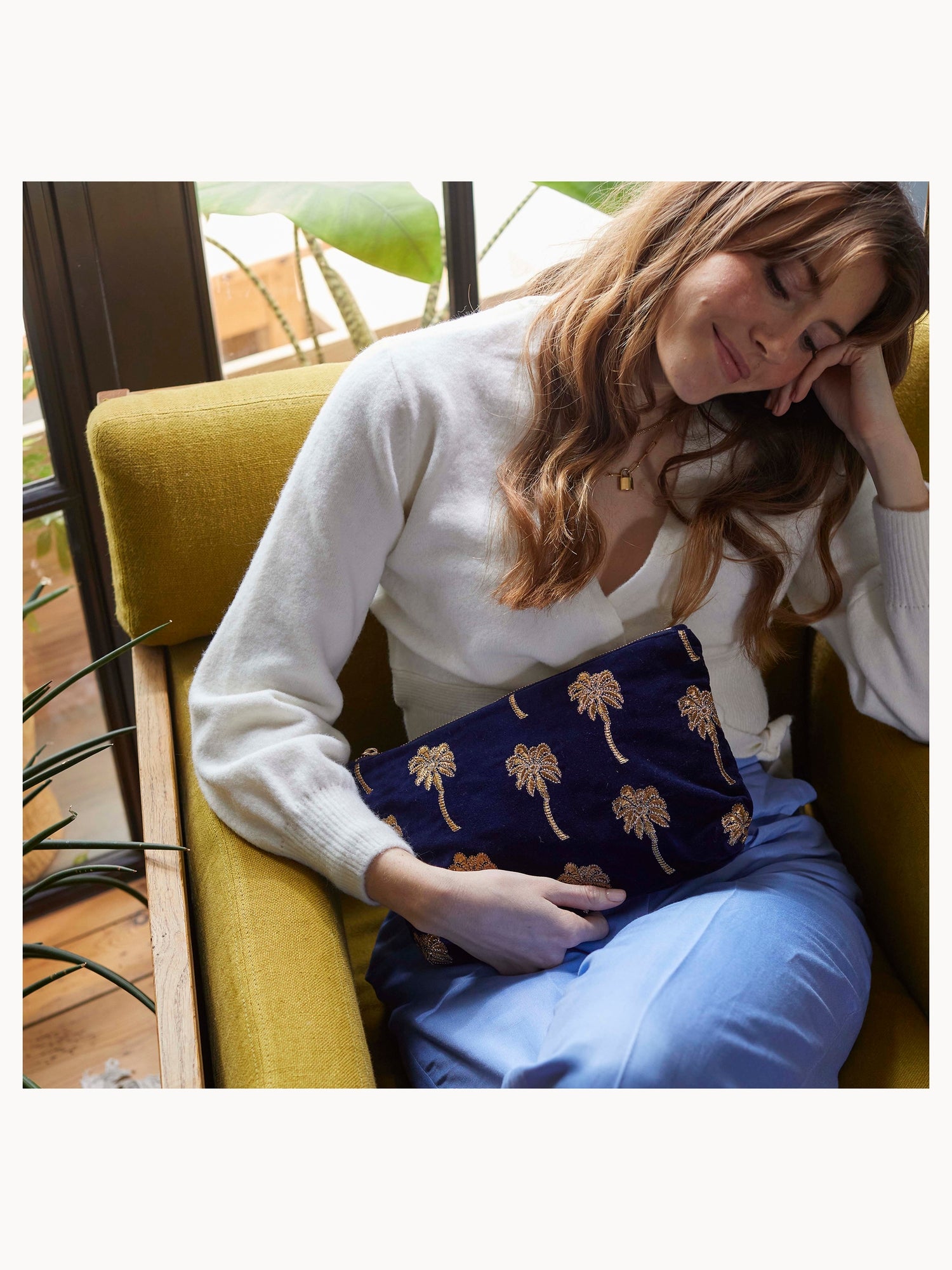 Elizabeth Scarlett Gold Palm Navy Velvet Everyday Pouch