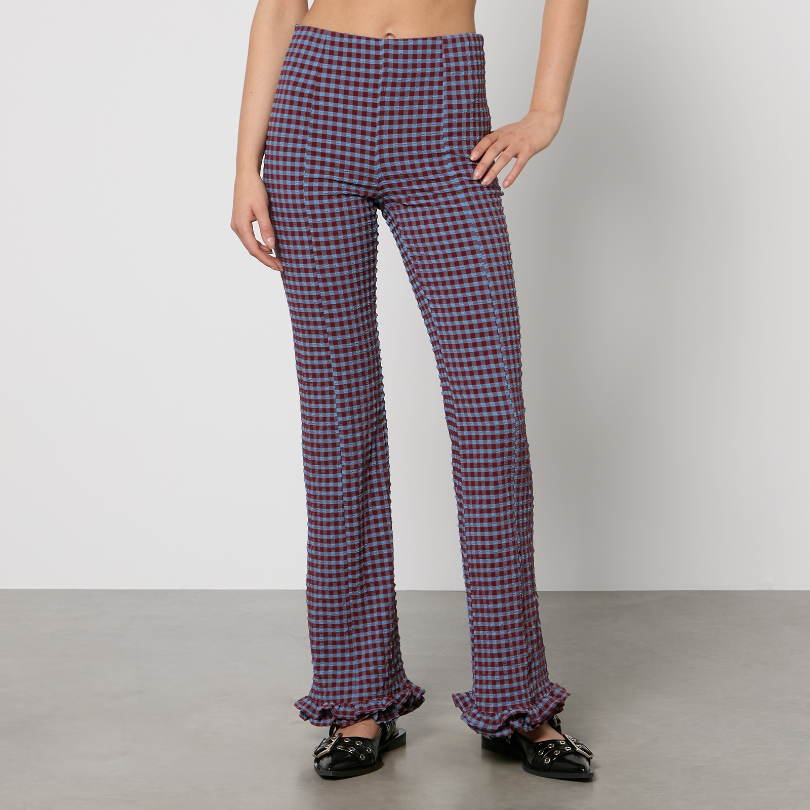 Ganni Gingham Seersucker Flared Trousers - EU 44/UK 16 | Coggles