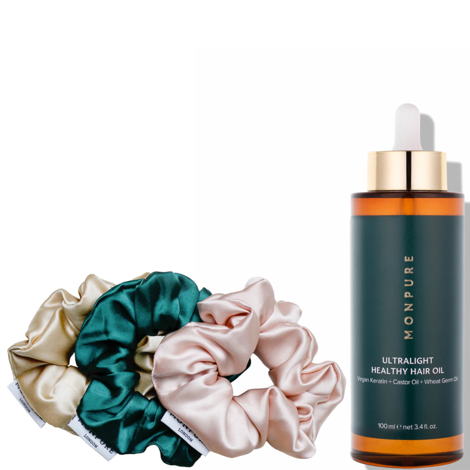 cult MONPURE London Ultralight Healthy Hair Oil and Silk Scrunchie Trio