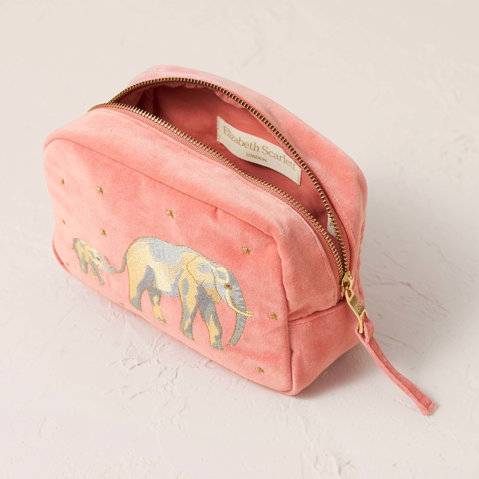Elizabeth Scarlett Sunset Palm Pink Velvet Cosmetics Bag