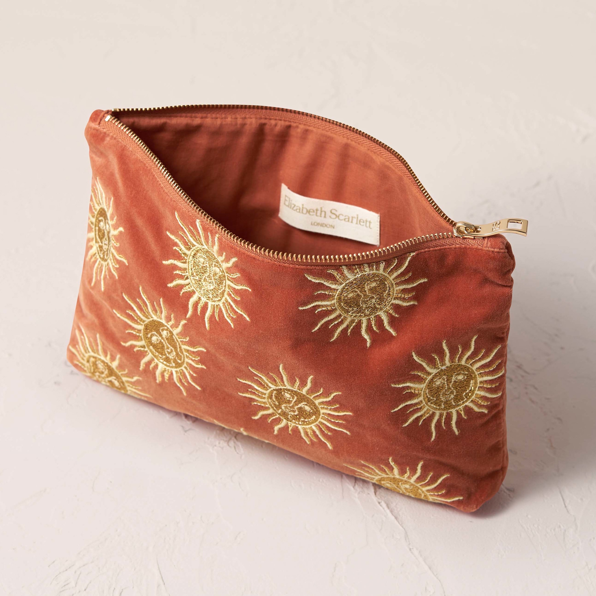 Elizabeth Scarlett Sun Goddess Rust Velvet Makeup Brush Bag