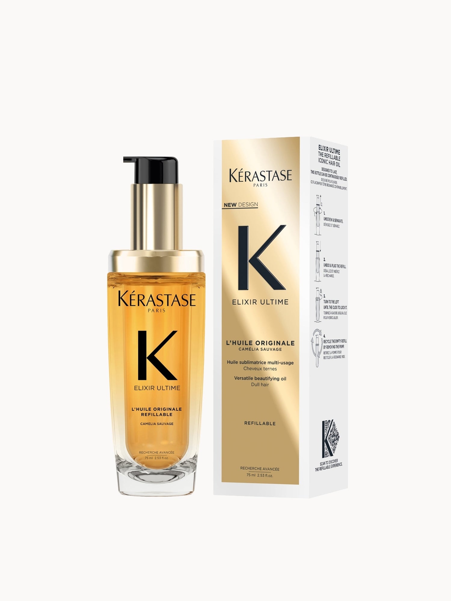 Kérastase Elixir Ultime Hair Oil L'Huile Originale Refillable, For All Hair Types with Argan Oil & Heat Protection 75ml