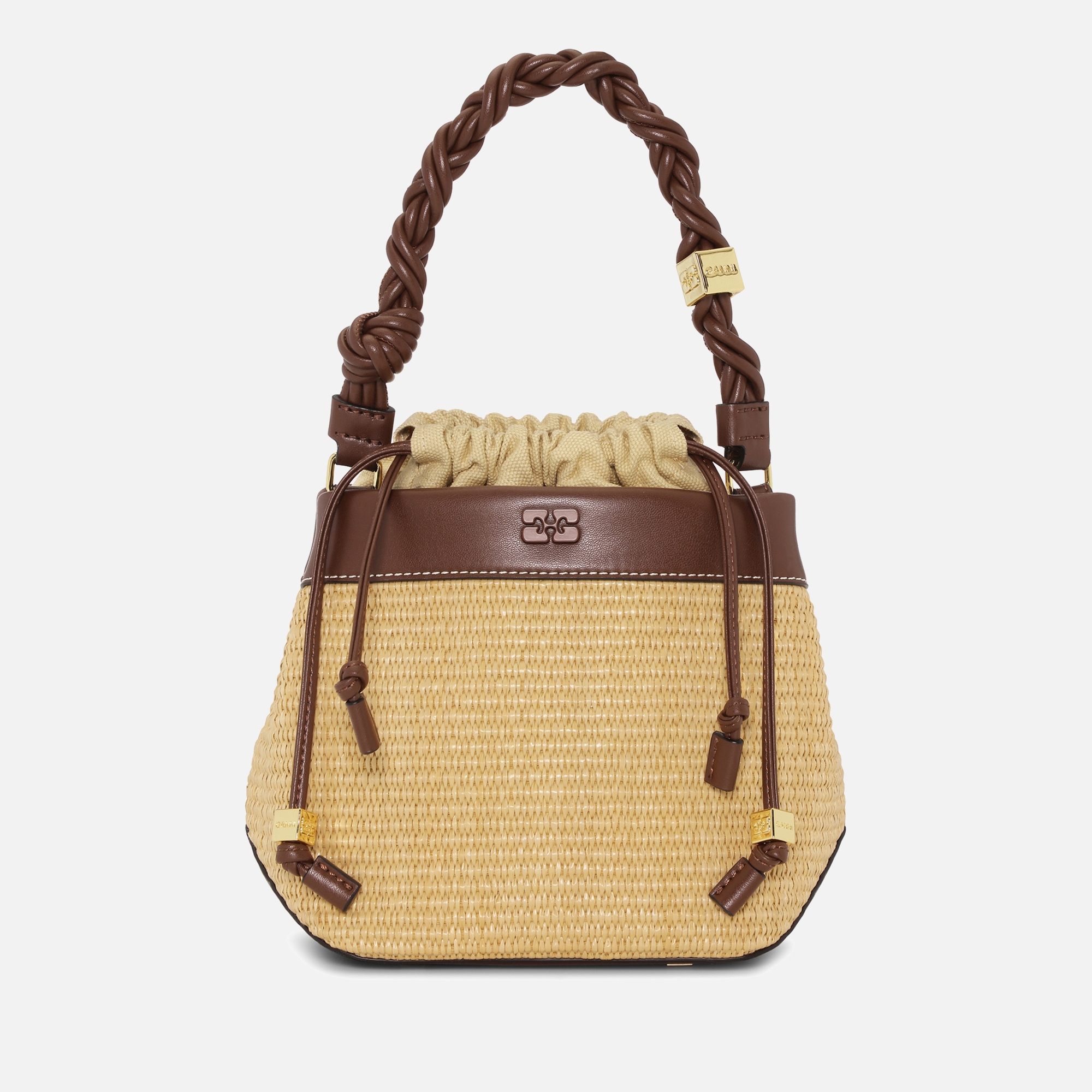 【Ganni】 Faux leather-trimmed raffia tote bag Faux leather-trimmed raffia tote bag in beige - Ganni
