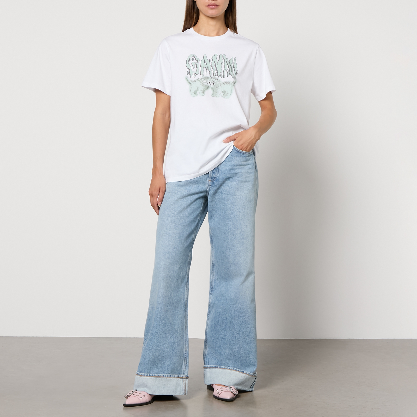 Ganni Basic Love Cats Cotton-Jersey T-Shirt - XS | Coggles