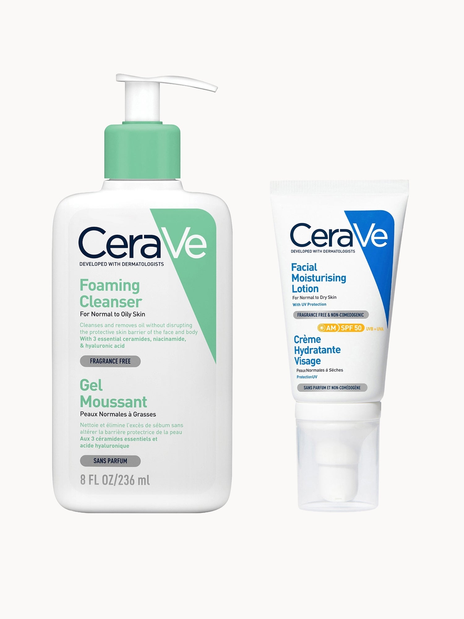 CeraVe Morning Cleanse and Protect Duo for Oily Skin, Cleanser with Niacinamide and Moisturiser with SPF 50 and Hyaluronic Acid