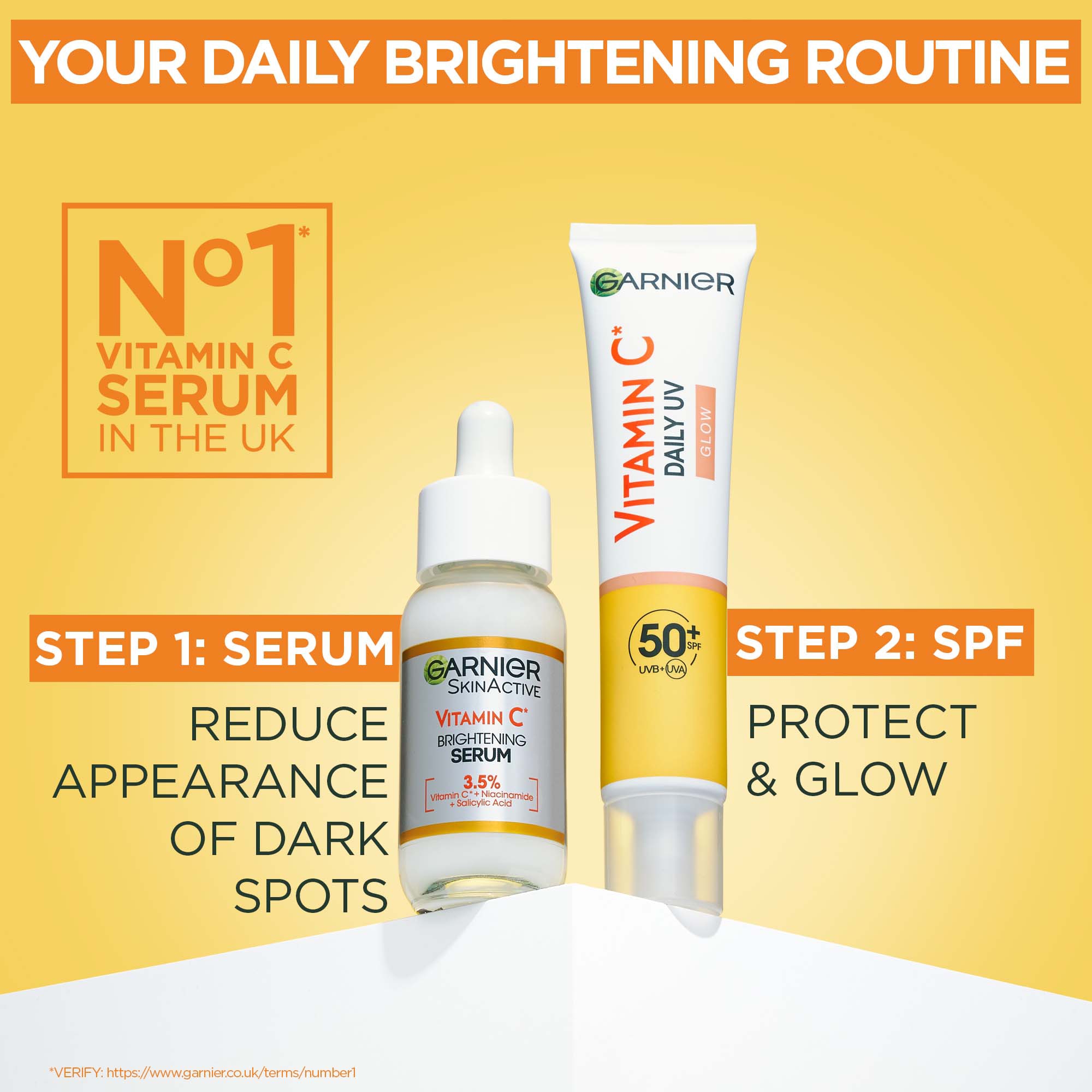 Garnier Vitamin C Brightening Serum & Glow UV Fluid SPF 50+ Face