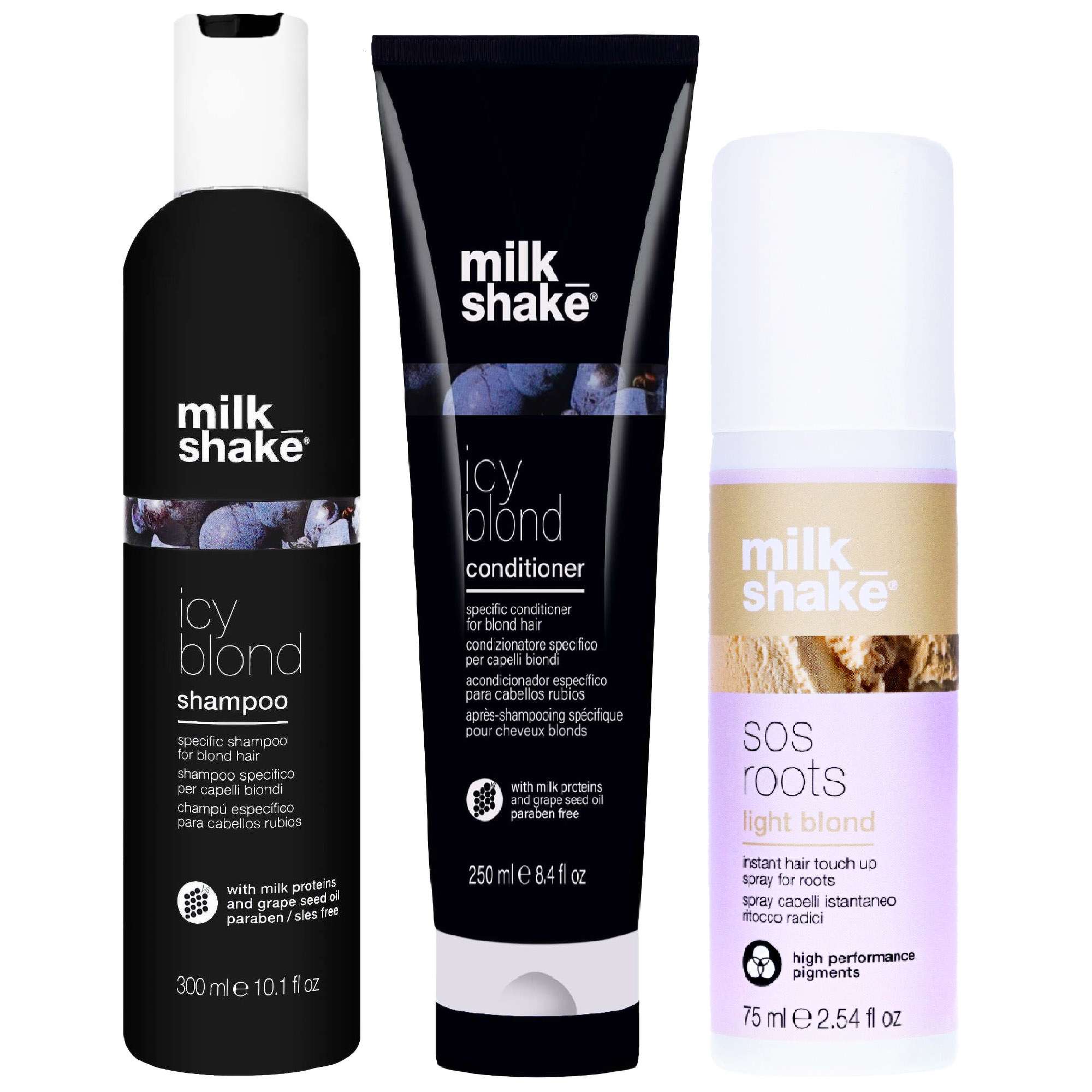 milk_shake: milk_shake  Trio: Icy Blonde Shampoo 300ml, Icy Blonde Conditioner 250ml & SOS Roots Light Blond 75ml