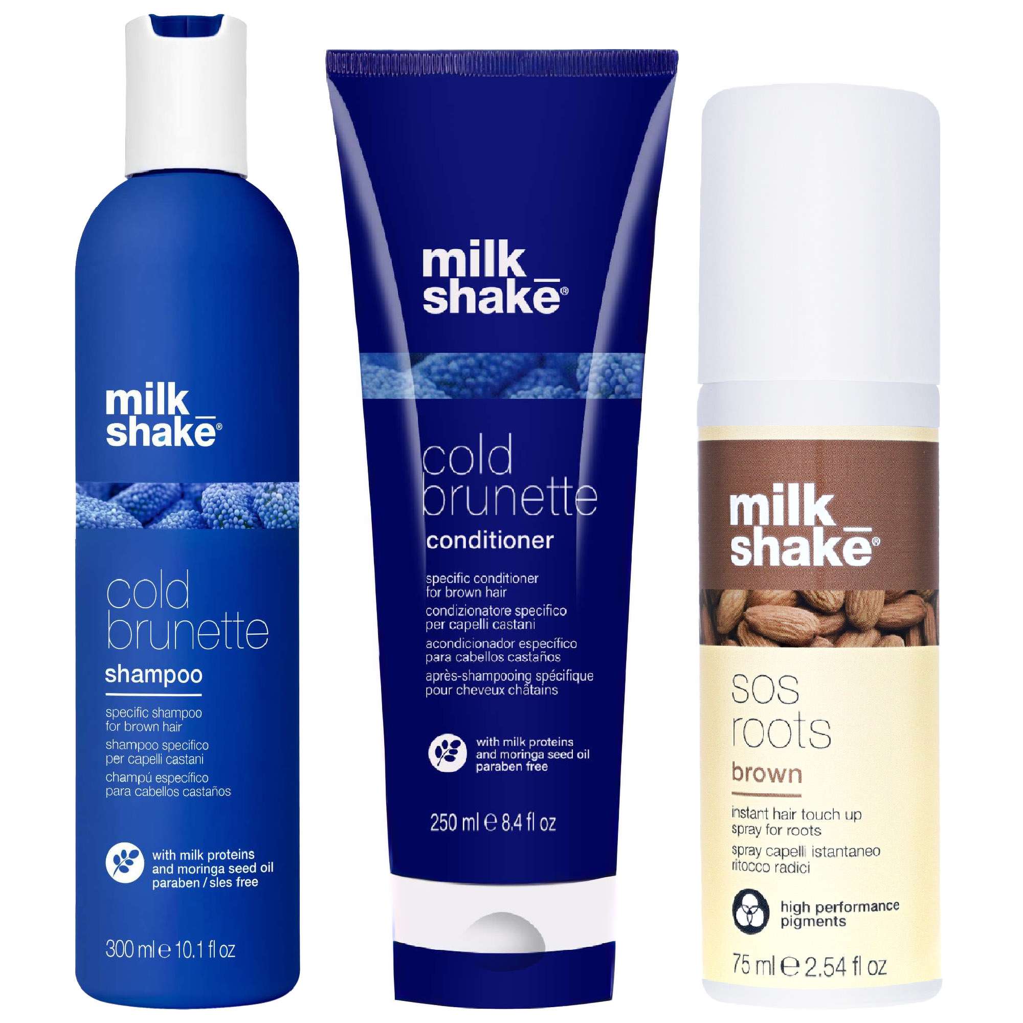 milk_shake: milk_shake  Trio: Cold Brunette Shampoo 300ml, Cold Brunette Conditioner 250ml & SOS Roots Brown 75ml