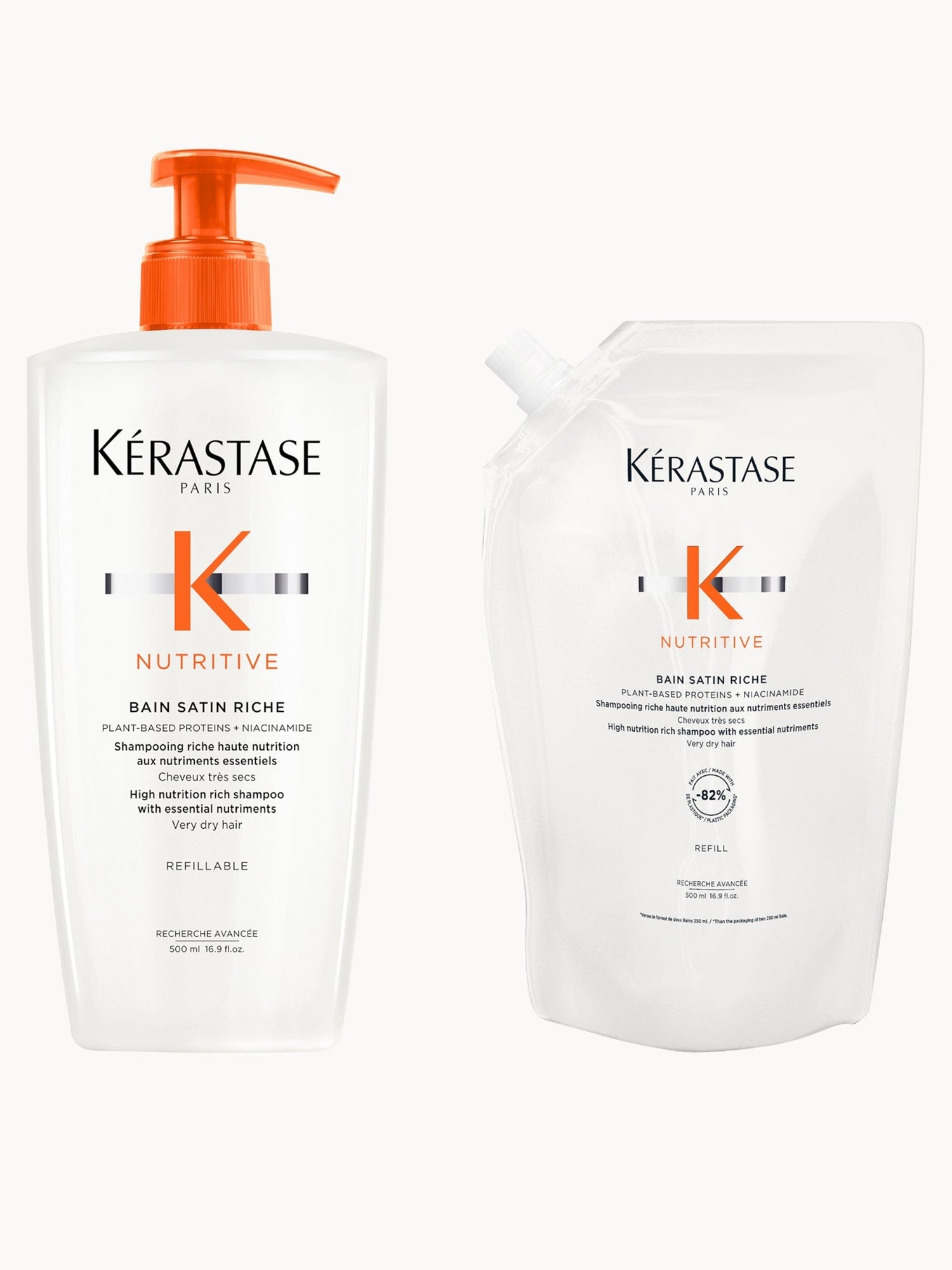 Kérastase Nutritive Bain Satin Riche Refillable Shampoo and Refill Pouch 500ml With Niacinamide For Very Dry Hair