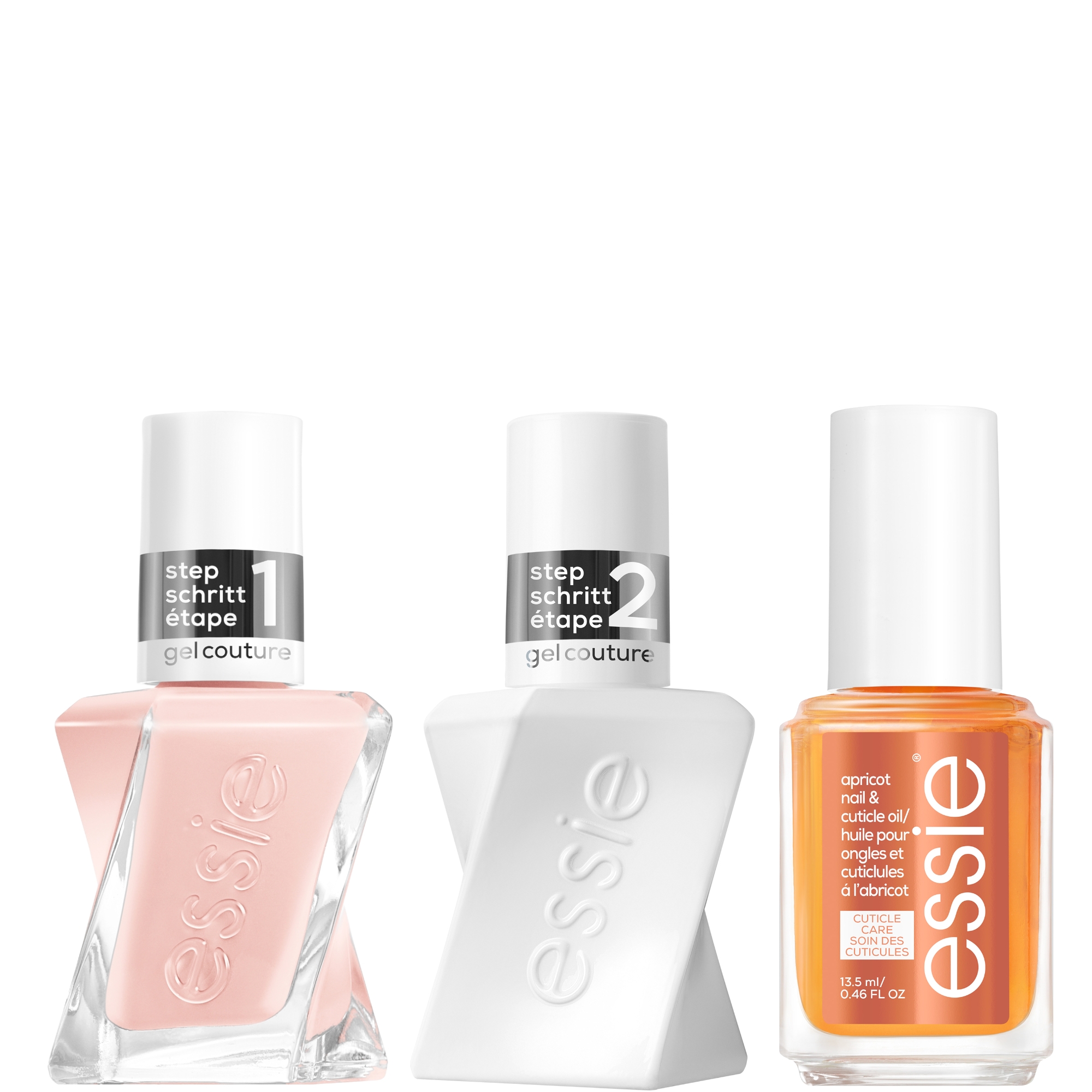 essie Gel Couture Nude Nail Polish Top Coat and Apricot Cuticle Oil Care Bundle | LOOKFANTASTIC