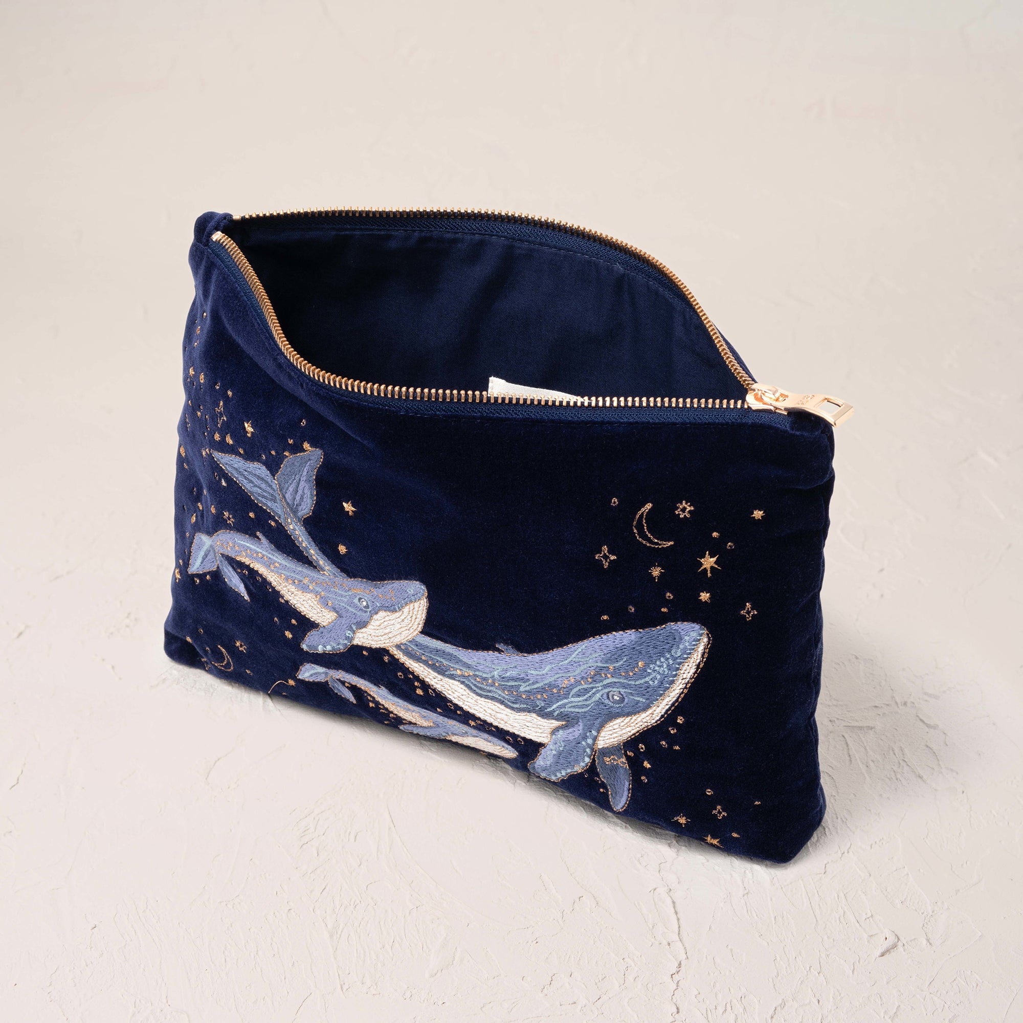 Elizabeth Scarlett Mystical Whale Navy Velvet Everyday Pouch 