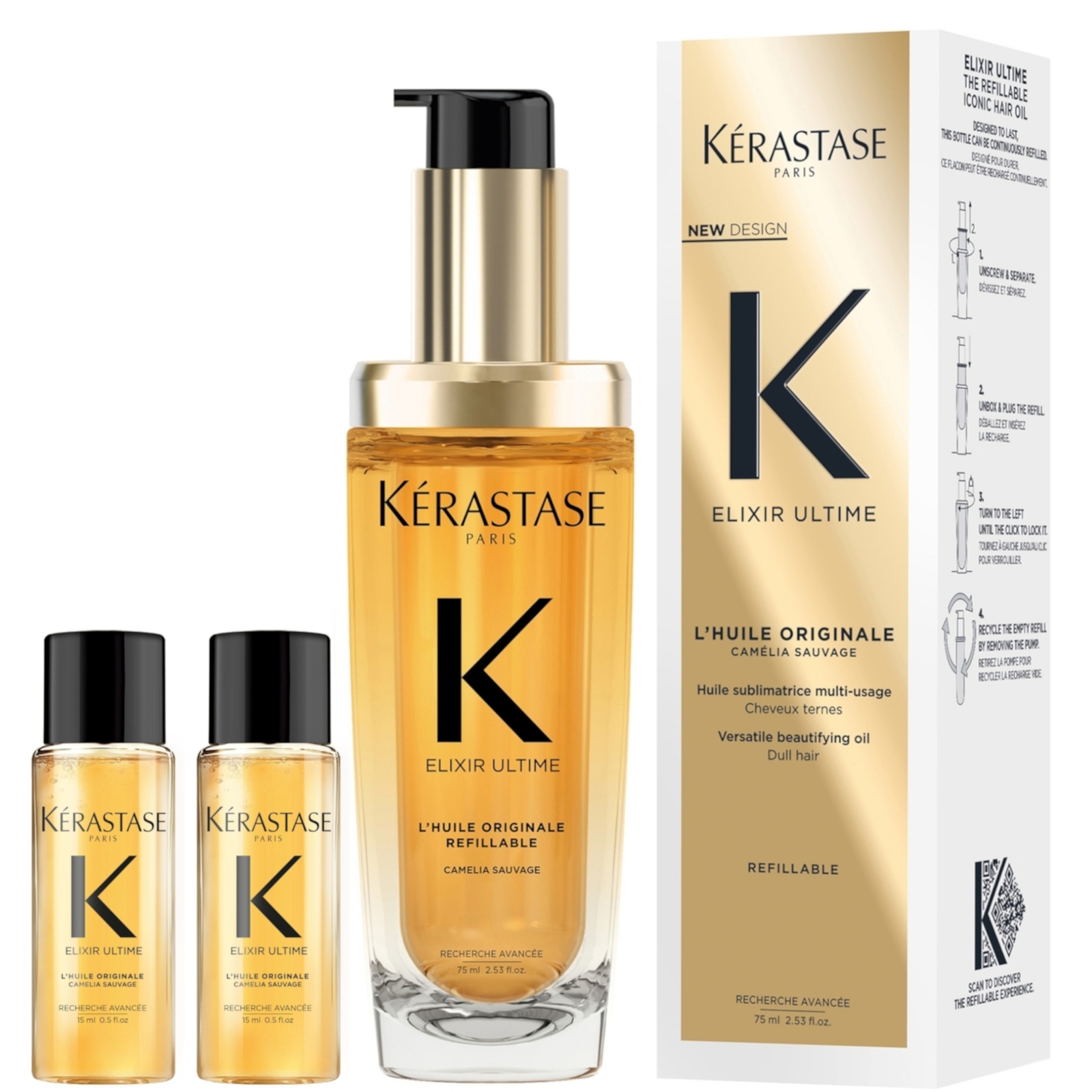 Kerastase: Kérastase Elixir Ultime Refillable Hair Oil Bundle For All Hair Types with Argan Oil & Heat Protection