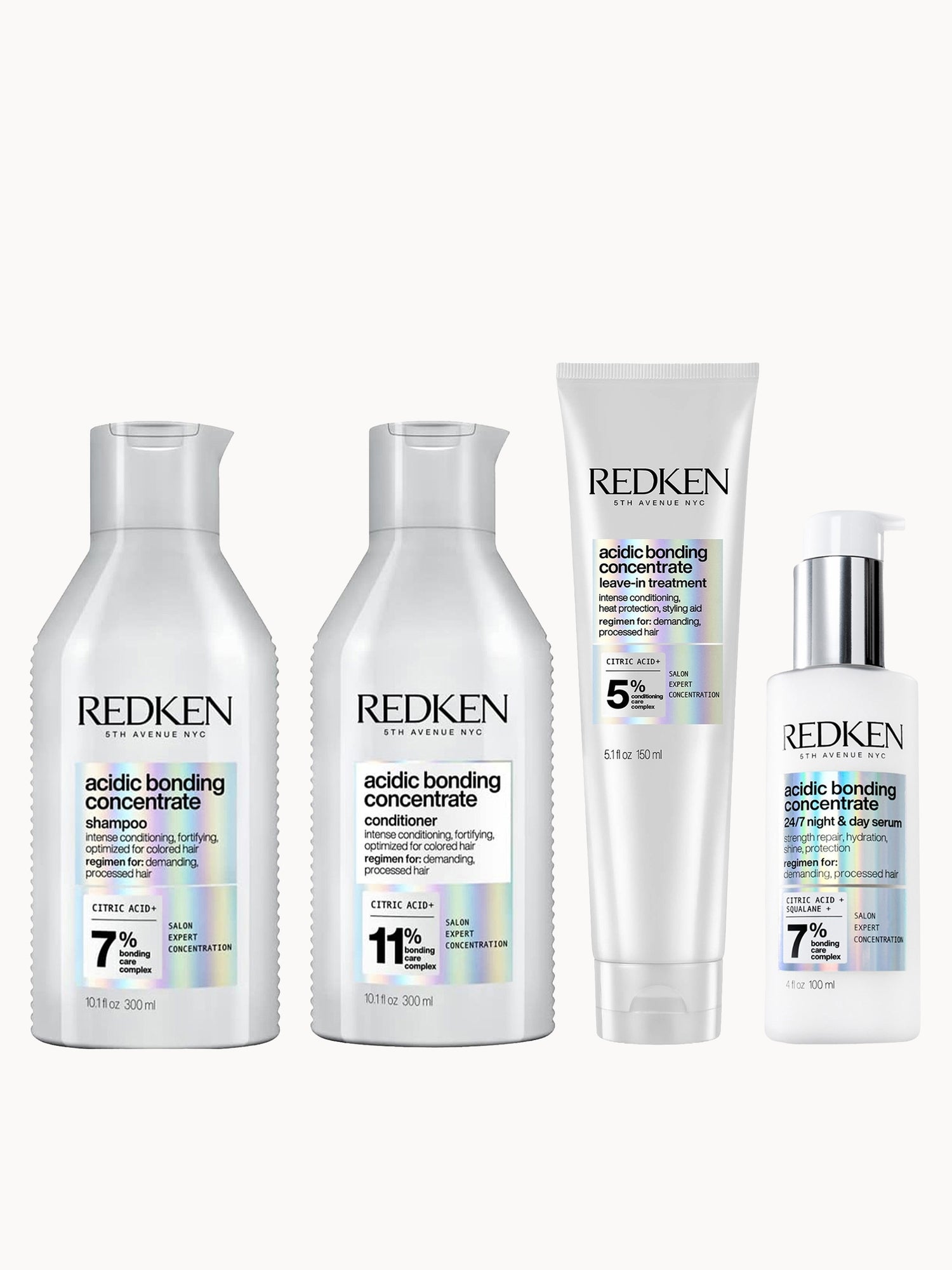 Redken Acidic Bonding Concentrate Shampoo 300ml, Conditioner 300ml, Leave-in Treatment 150ml and 24/7 Night & Day Serum Bundle