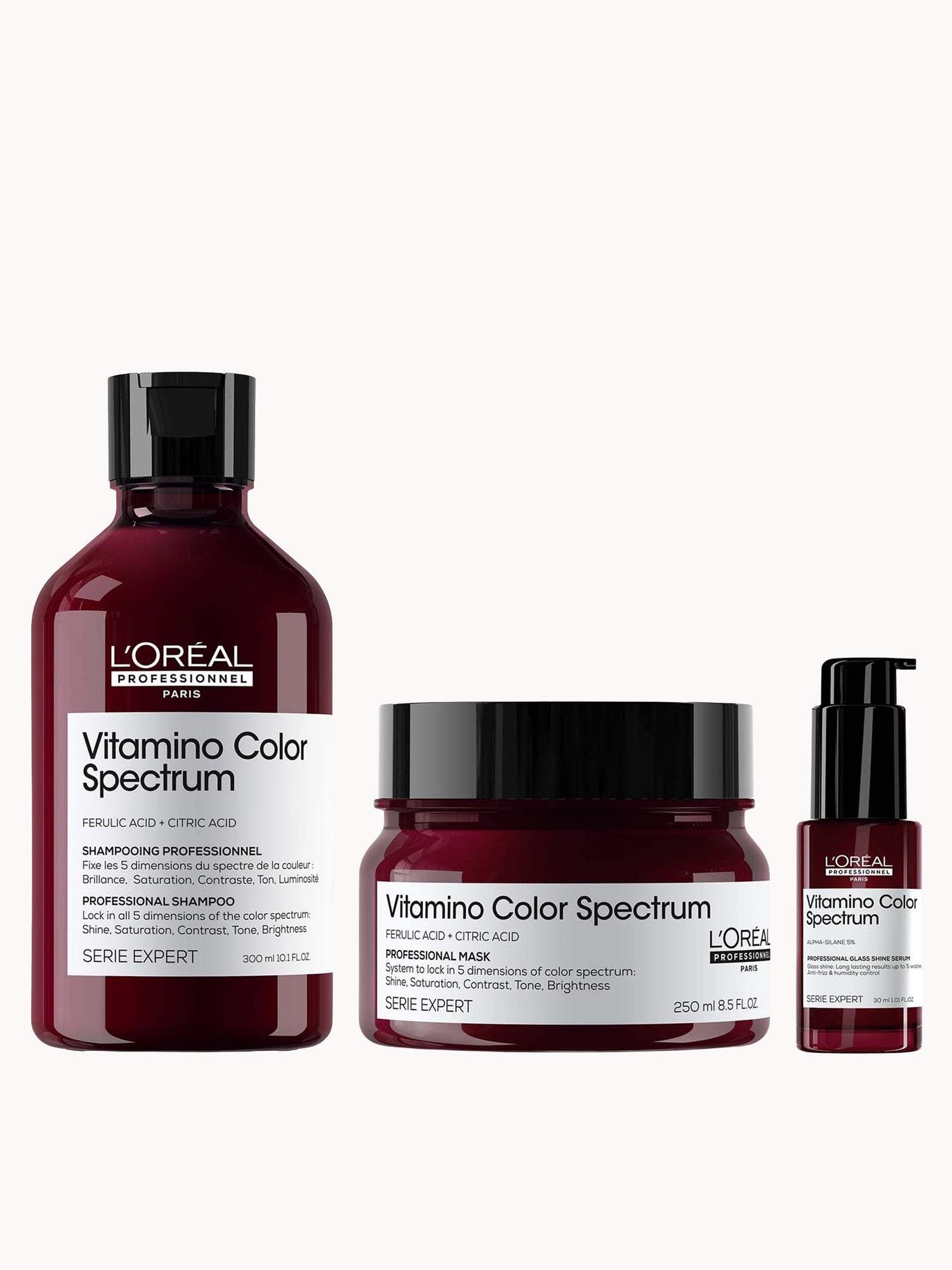 L'Oréal Professionnel Vitamino Color Spectrum Shampoo 300ml,Rinse Off Hair Mask 250ml and Serum 30ml Bundle for Coloured Hair