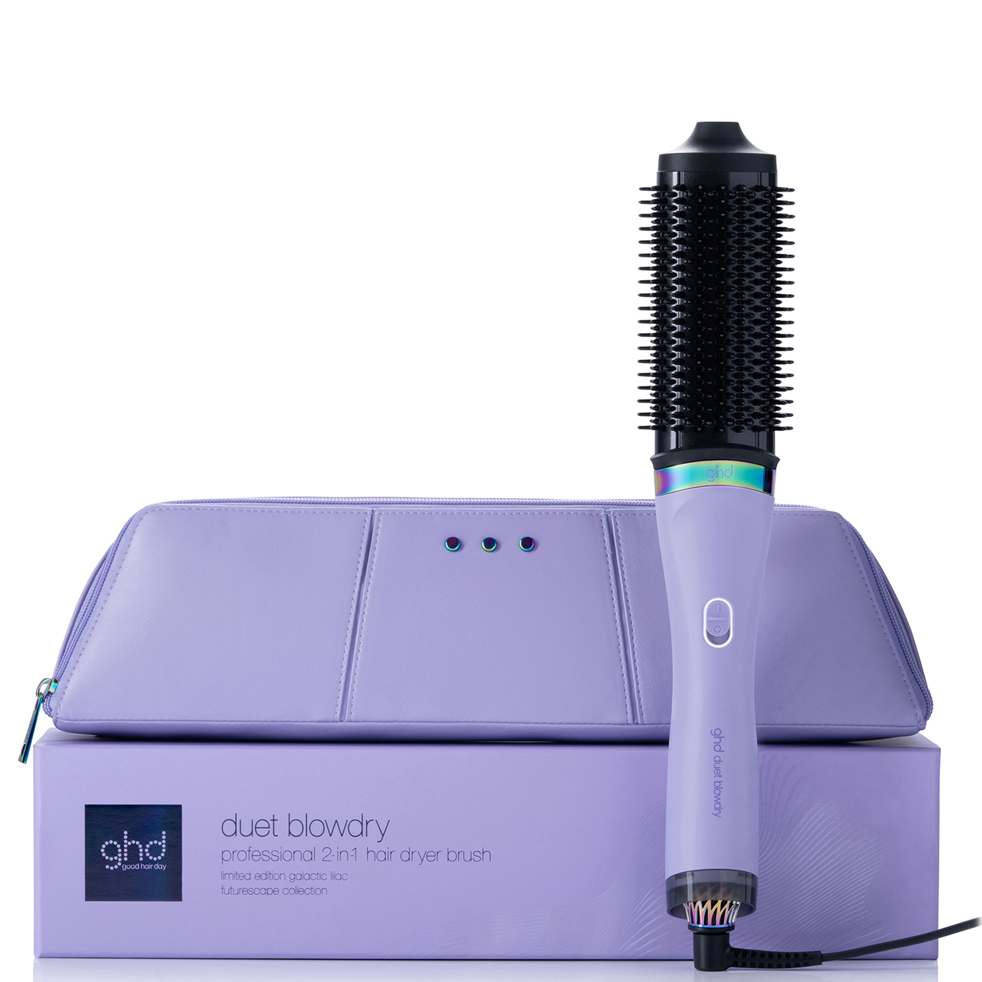 cult ghd Duet Blowdry Limited Edition Hair Dryer Brush in Galactic Lilac with Matching Heat-Resistant Bag & Mat