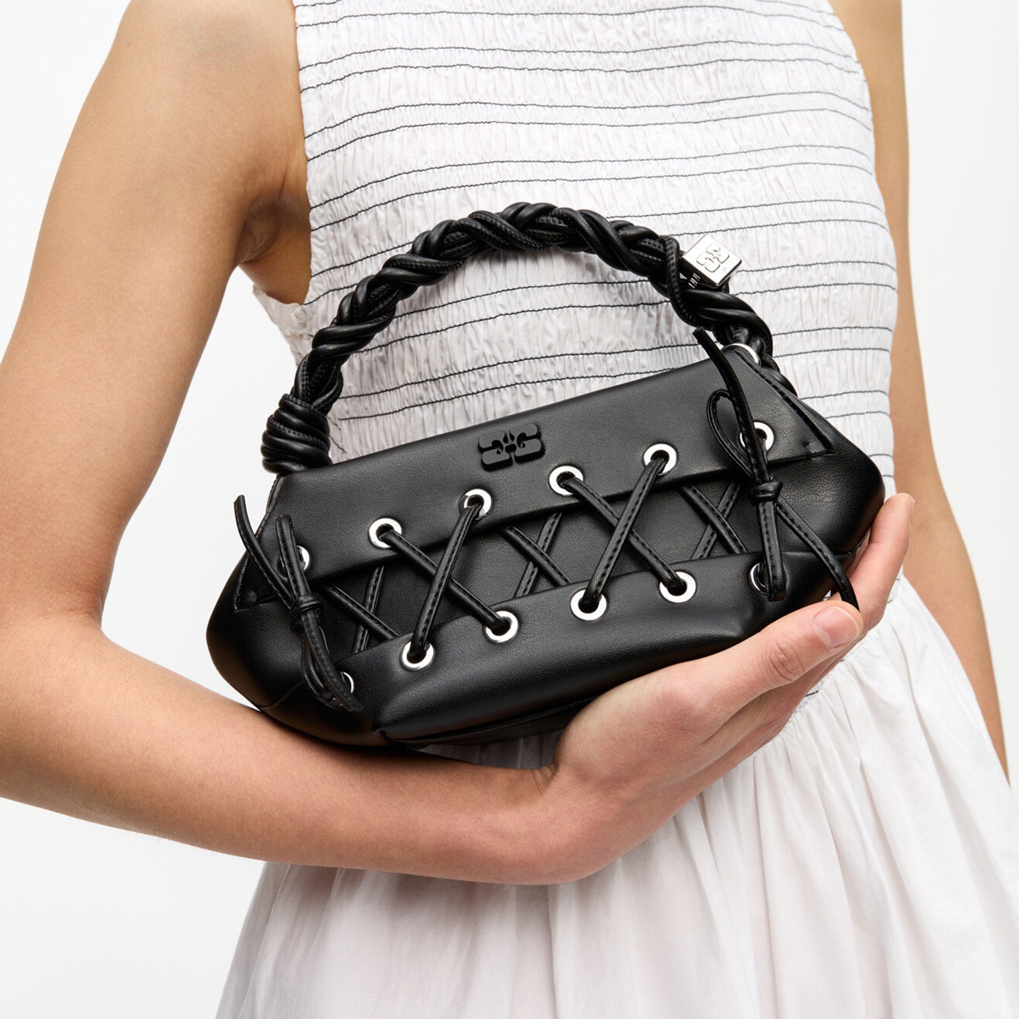Ganni■Bou Bucket Mini Eyelets Lace Up - Black Ganni Mini Eyelets Lace-Up Bou Bucket Bag | Coggles