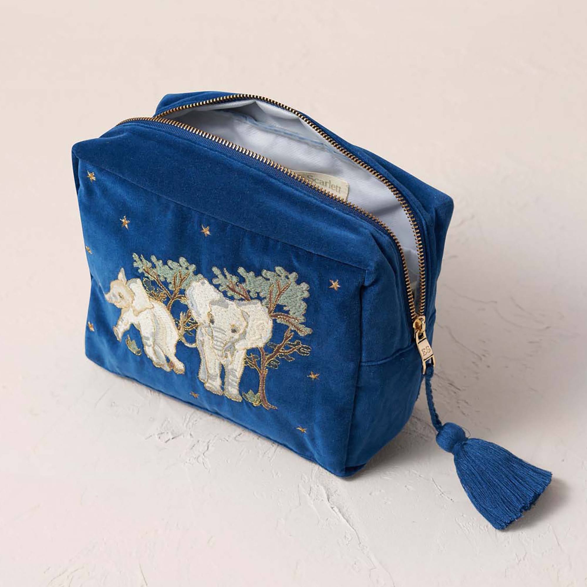 Elizabeth Scarlett Baby Elephant Conservation Navy Velvet Wash Bag