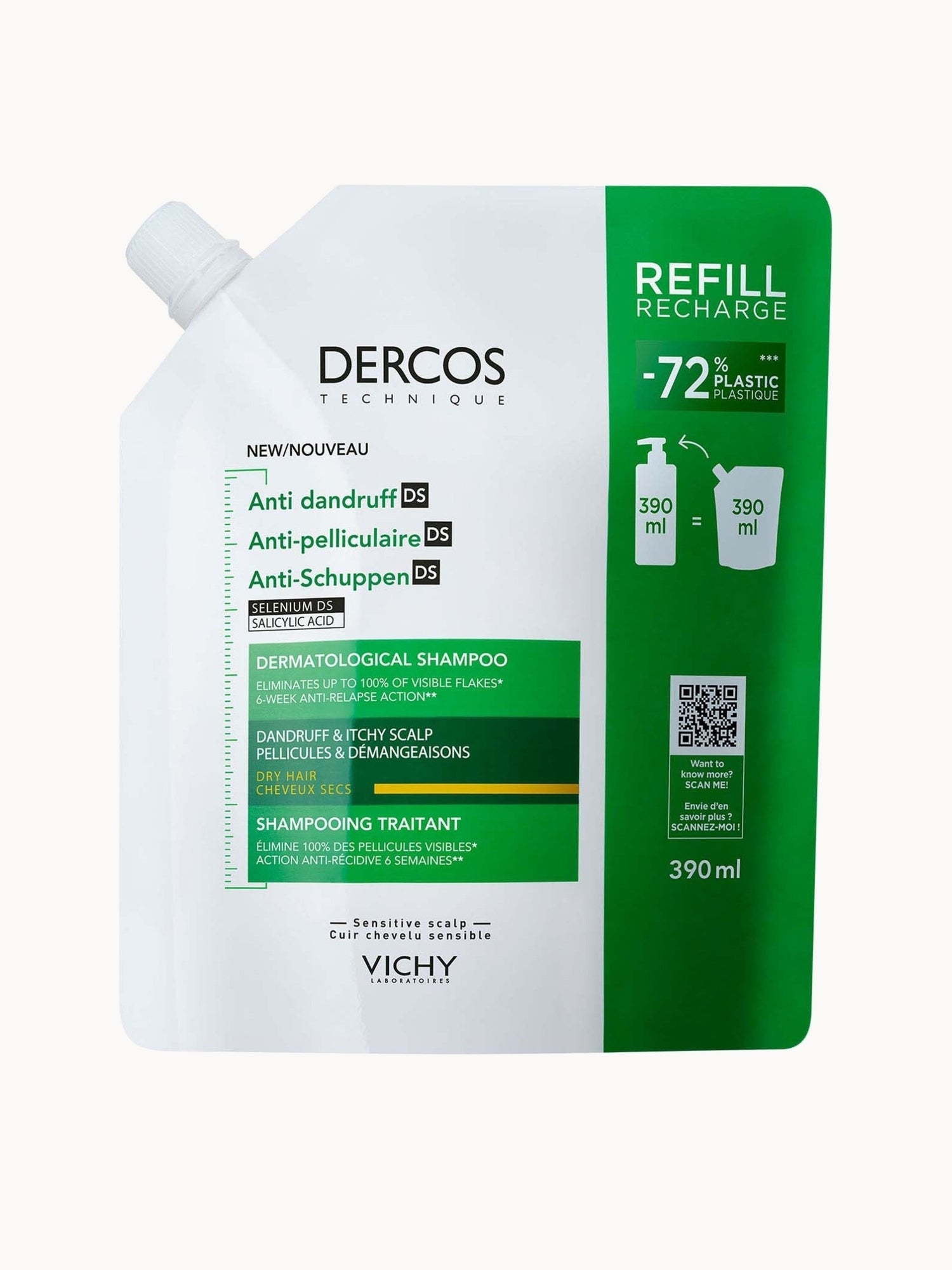 Vichy Dercos Anti-Dandruff Dermatological Shampoo for Dry Hair Refill 390ml