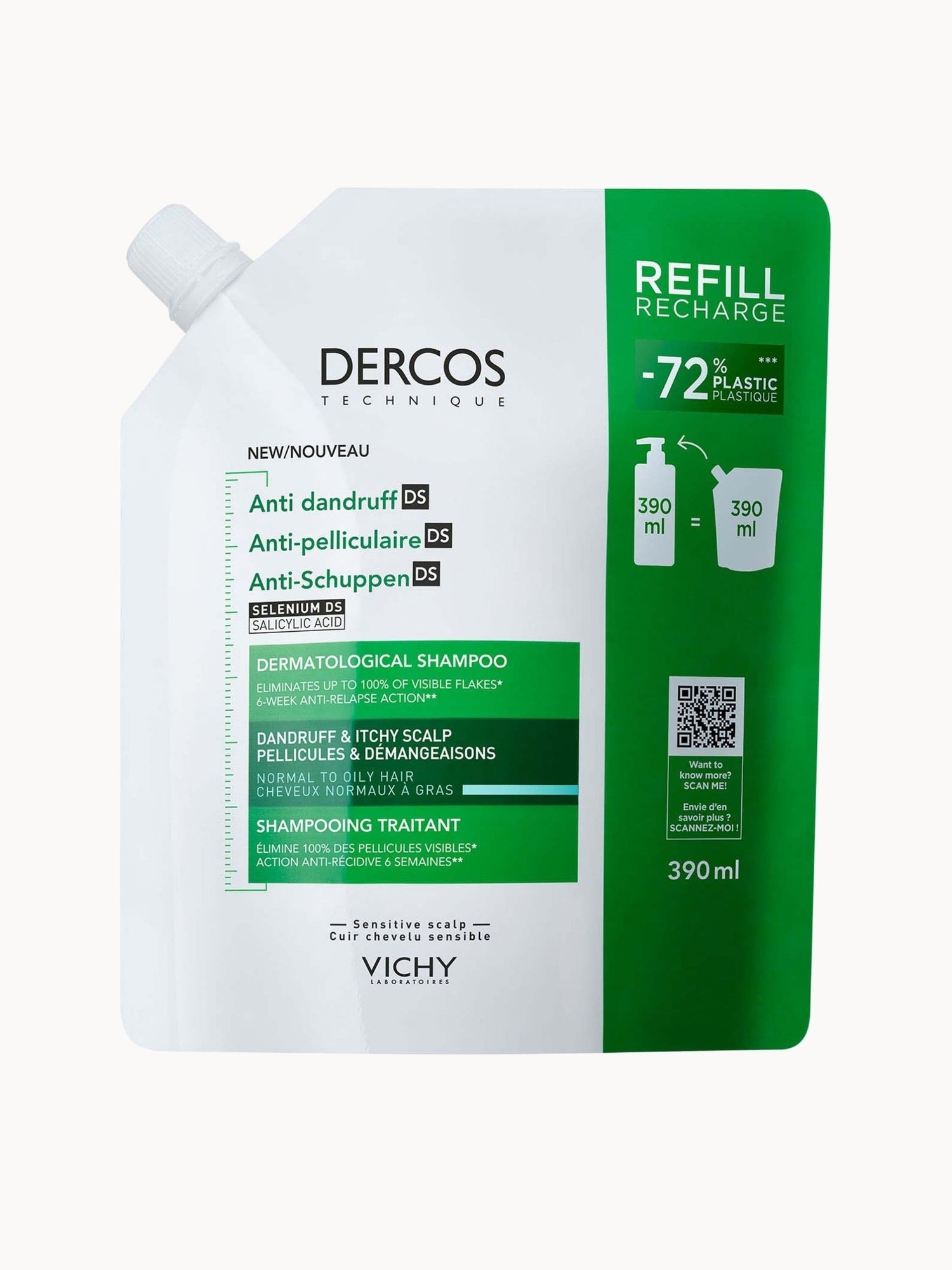 Vichy Dercos Anti-Dandruff Dermatological Shampoo for Normal to Oily Hair 390ml Refill