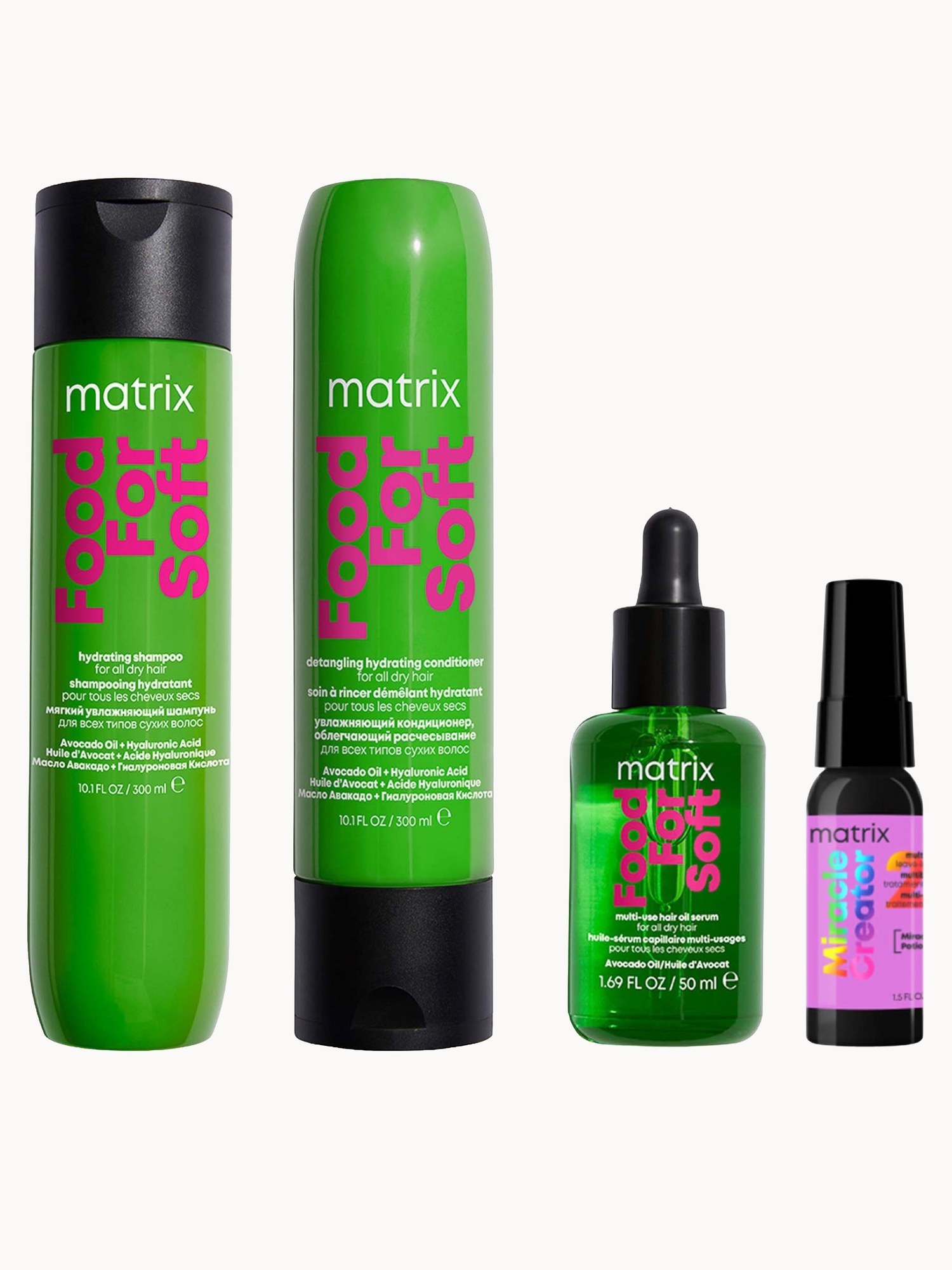 Matrix: Matrix Food for Soft Hydrating Shampoo 300ml, Conditioner 300ml, Multi-Use Hair Oil Serum 50ml and Mini Miracle Creator 20 45ml